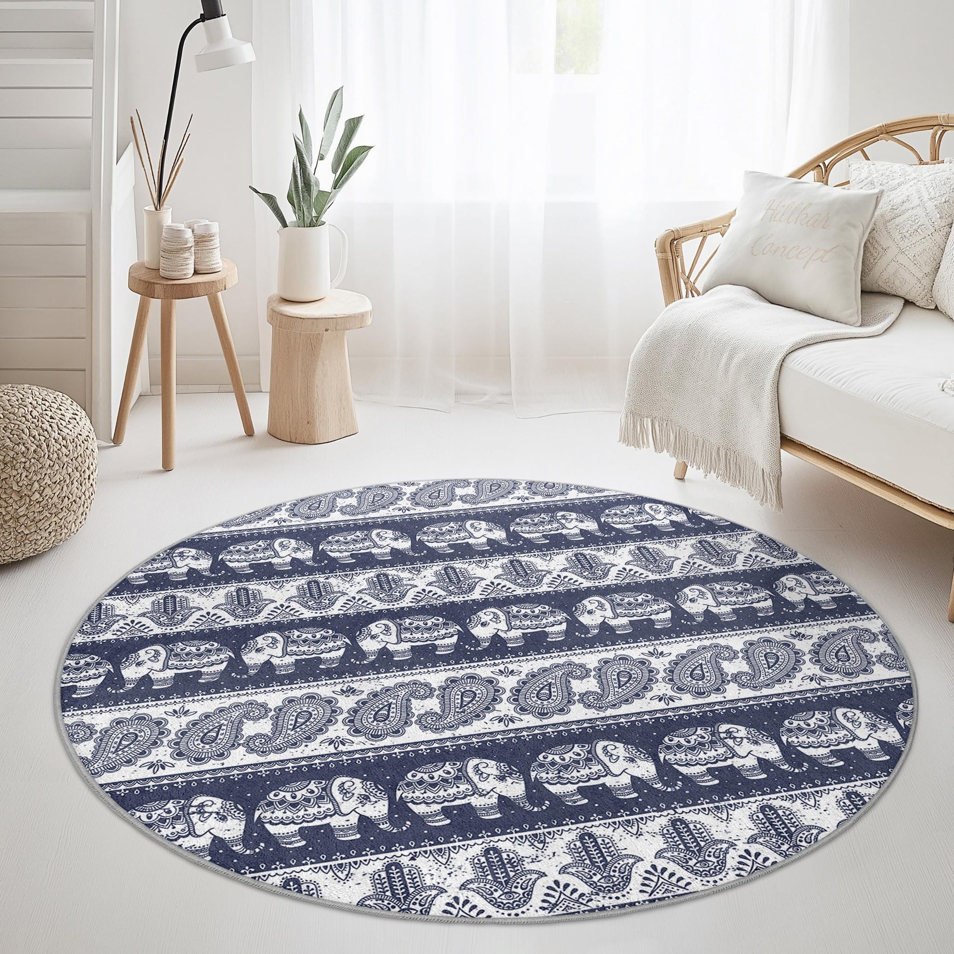 Elegant Elephant Round Area Rug, Bohemian Elephant Carpet, Indoor Round Rug, Living Room Decor, Bedroom Round Mat