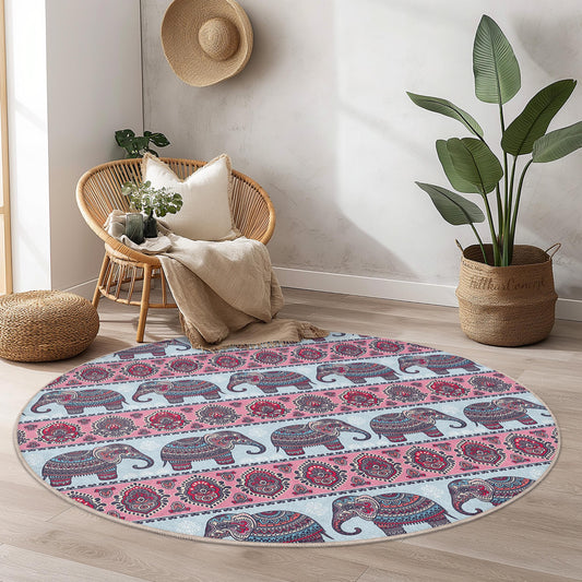 Elephant Pattern Round Area Rug, Bohemian Elephant Rug, Decorative Round Carpet for Living Room, Nursery, or Kids Room