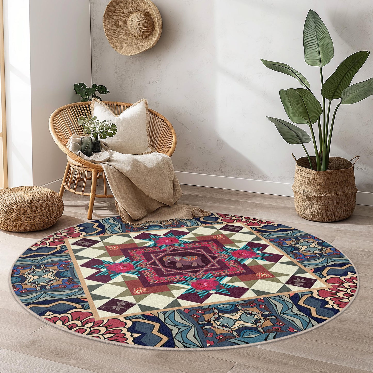 Runder Teppich mit lebhaftem Elefantenmotiv, farbenfrohe Boho-Dekoration, Teppich im Mandala-Stil, runder Wohnzimmerteppich, einzigartiges Wohnaccessoire