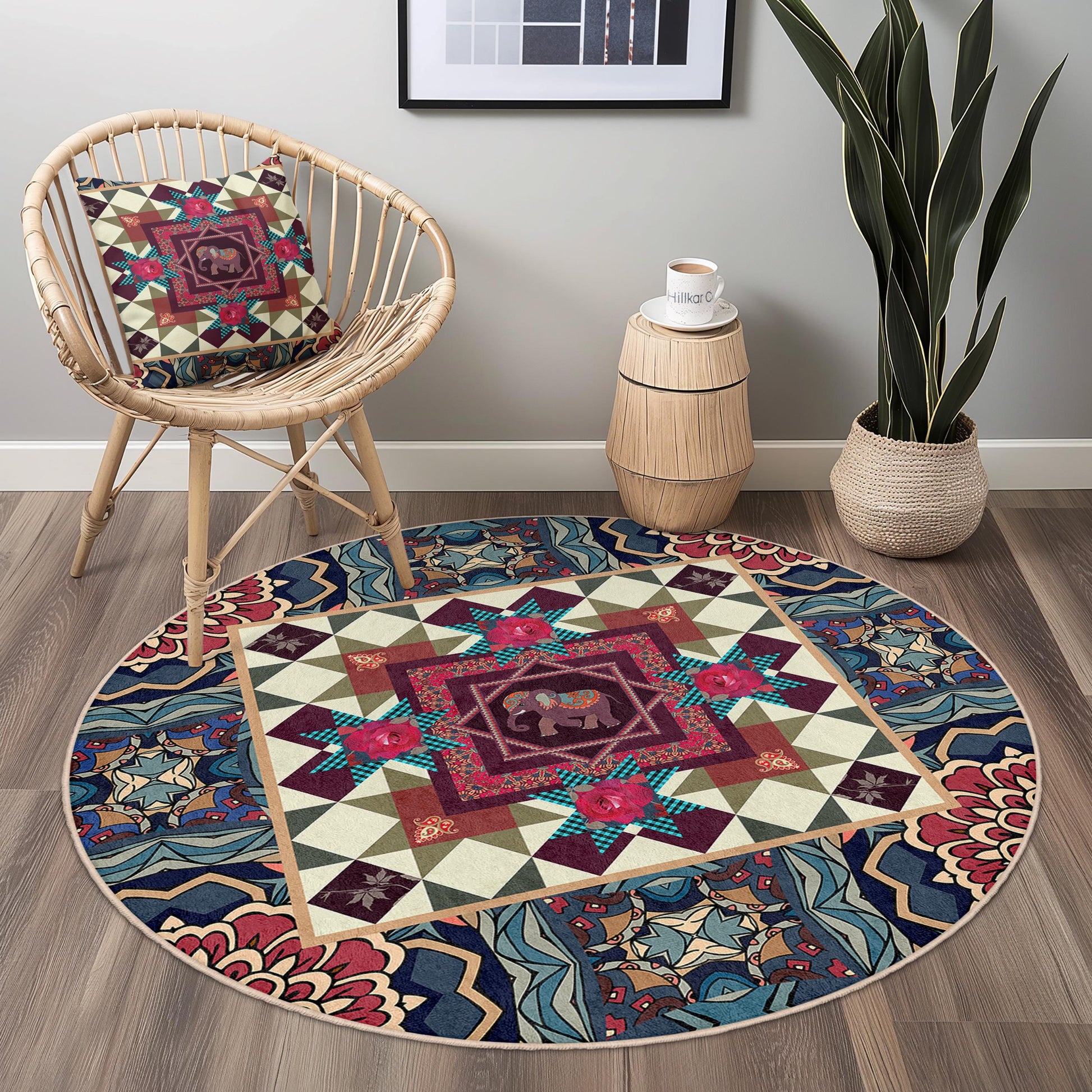 Vibrant Elephant Round Area Rug, Colorful Bohemian Decor, Mandala Style Carpet, Living Room Round Rug, Unique Home Accent