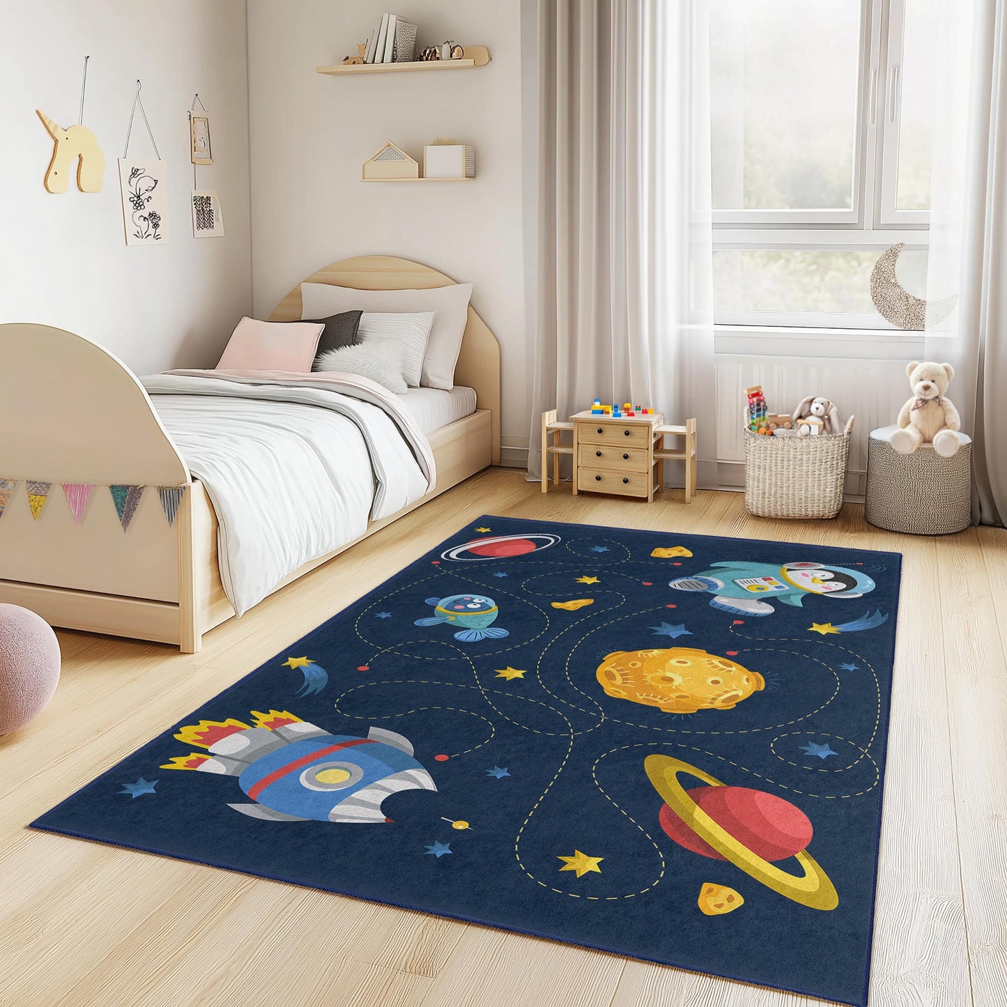 Rechteckiger Kinderteppich mit Weltraumabenteuer-Motiv, Astronauten- und Raketenmotiv, Kinderzimmerdekoration, Spielzimmerteppich, Galaxie-Bodenmatte