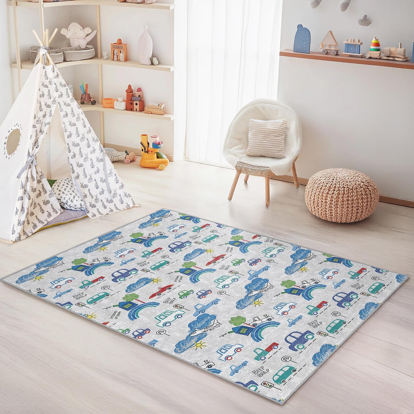 Bunter Auto-Abenteuer-Teppich, Kinderzimmerteppich, rechteckige Spielmatte, Teppich mit Fahrzeugmotiv, Kinderzimmerdeko, lustiger Kinderteppich