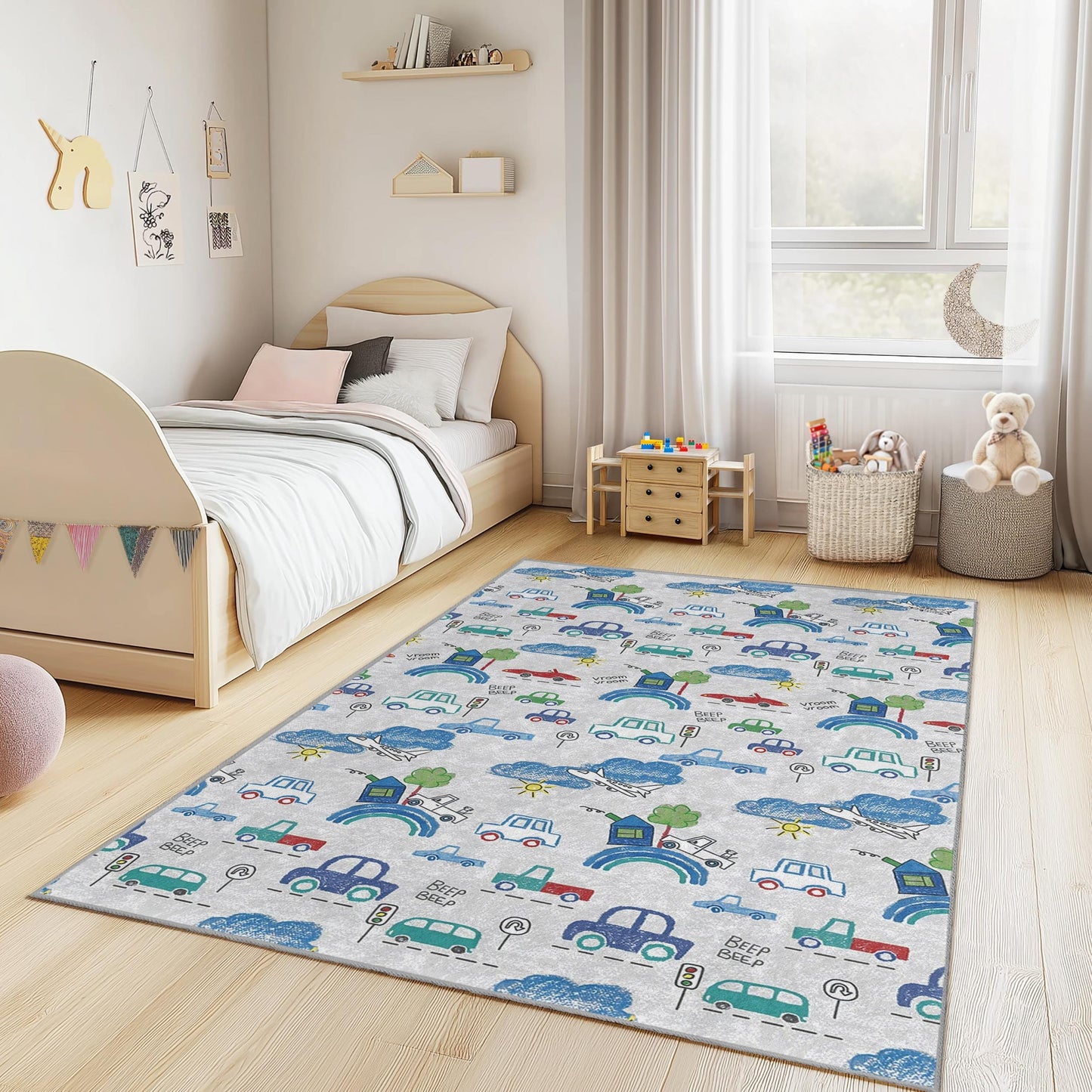 Bunter Auto-Abenteuer-Teppich, Kinderzimmerteppich, rechteckige Spielmatte, Teppich mit Fahrzeugmotiv, Kinderzimmerdeko, lustiger Kinderteppich
