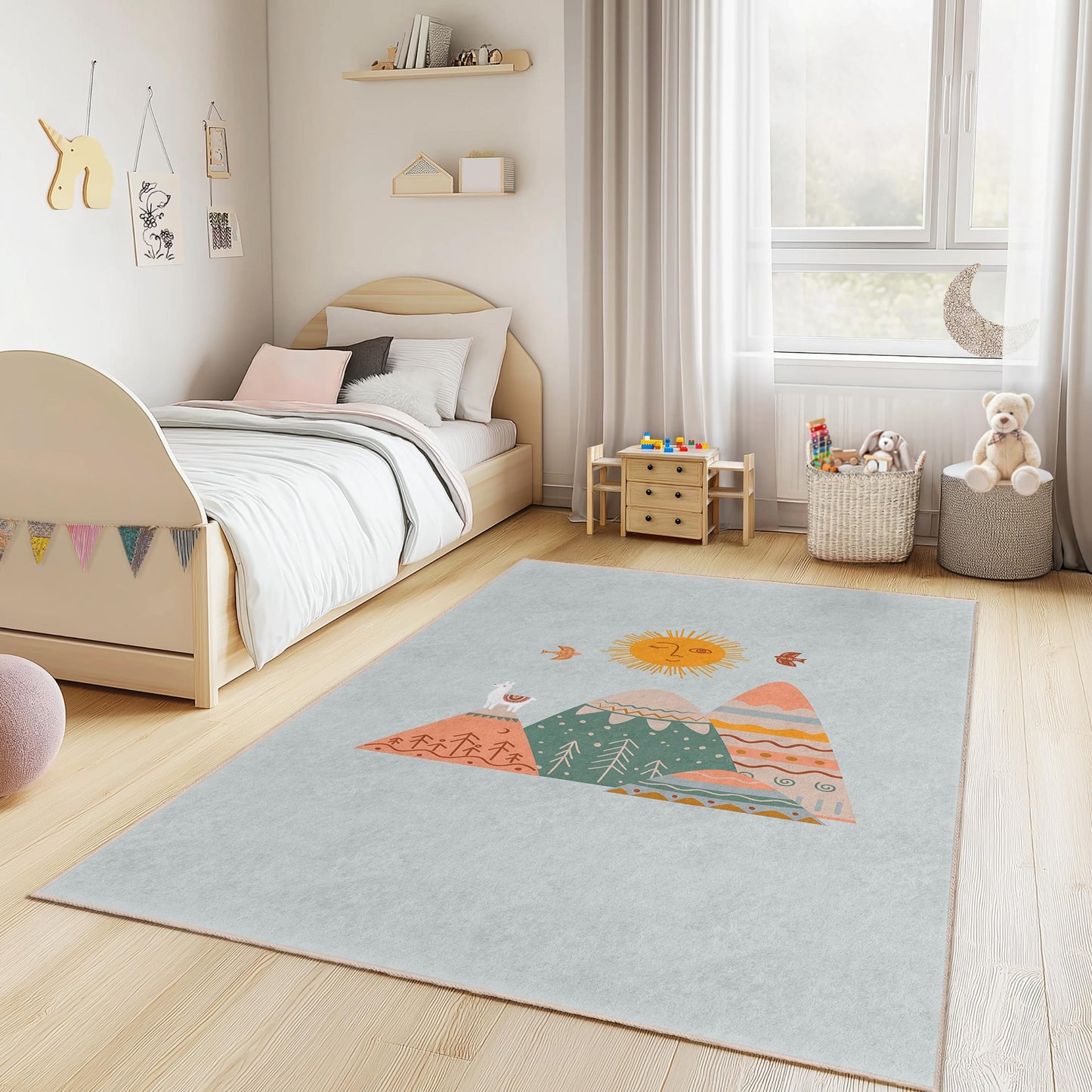 Kinderteppich „Bergsonne“, rechteckiger Spielzimmerteppich, weicher Kinderzimmerteppich, Kinderzimmerdekoration, Teppich mit Naturmotiv, Spielmatte für Kinder