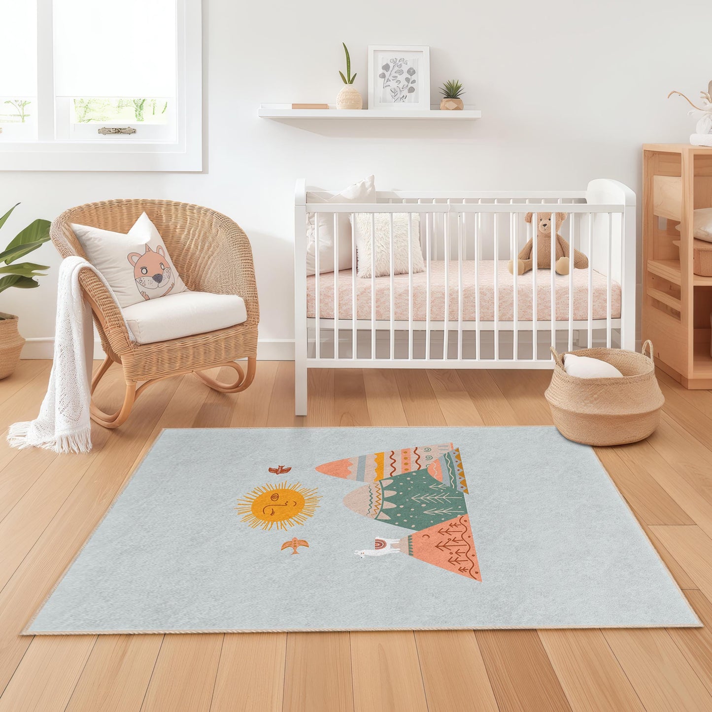Kinderteppich „Bergsonne“, rechteckiger Spielzimmerteppich, weicher Kinderzimmerteppich, Kinderzimmerdekoration, Teppich mit Naturmotiv, Spielmatte für Kinder