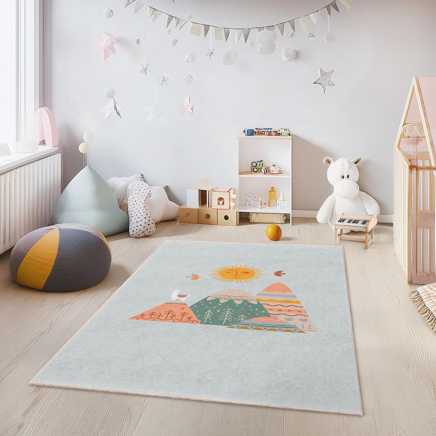 Kinderteppich „Bergsonne“, rechteckiger Spielzimmerteppich, weicher Kinderzimmerteppich, Kinderzimmerdekoration, Teppich mit Naturmotiv, Spielmatte für Kinder