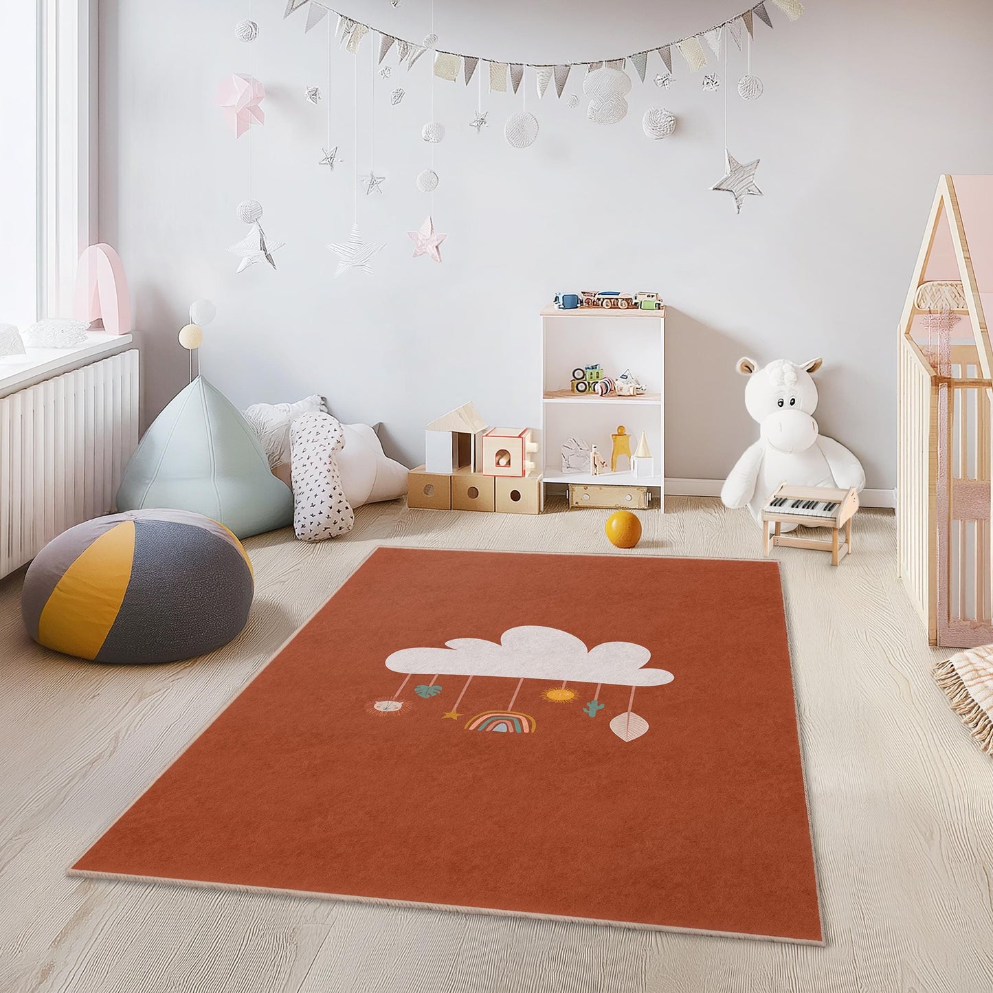 Wolken- und Regenbogen-Kinderteppich, rechteckiger Spielzimmerteppich, Kinderzimmerdekoration, weiche Spielmatte fürs Kinderzimmer, kuscheliger Kleinkinderteppich