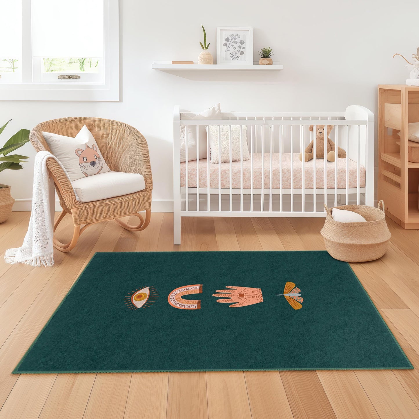 Rechteckiger Teppich mit mystischem Augenmuster, Boho-Kinderzimmerteppich, farbenfrohes Handdesign, weicher Kinderzimmerteppich, einzigartige Spielzimmerdekoration