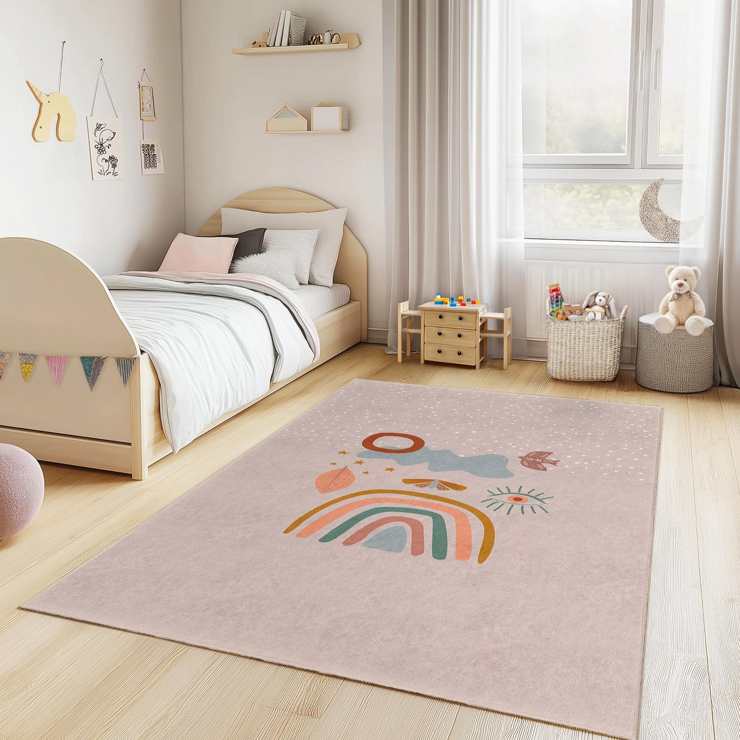 Rechteckiger Kinderteppich mit Regenbogen- und Naturmotiven, farbenfrohe Spielzimmerdekoration, weicher Kinderzimmerteppich, einzigartiger Kinderteppich