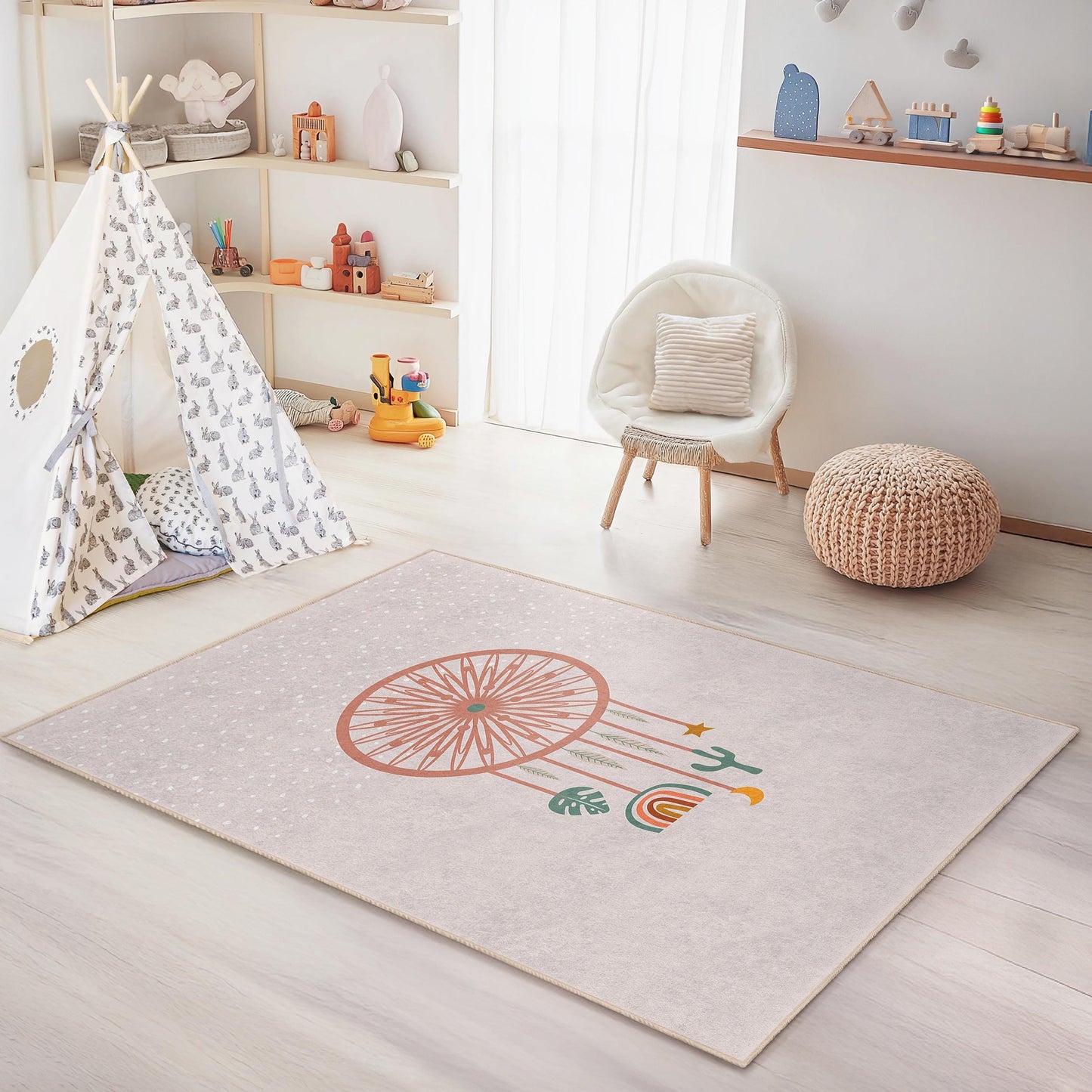 Rechteckiger Kinderteppich mit Traumfänger-Motiv, niedlicher Kinderzimmerteppich, Boho-Spielzimmerdeko, weicher Kinderteppich fürs Schlafzimmer