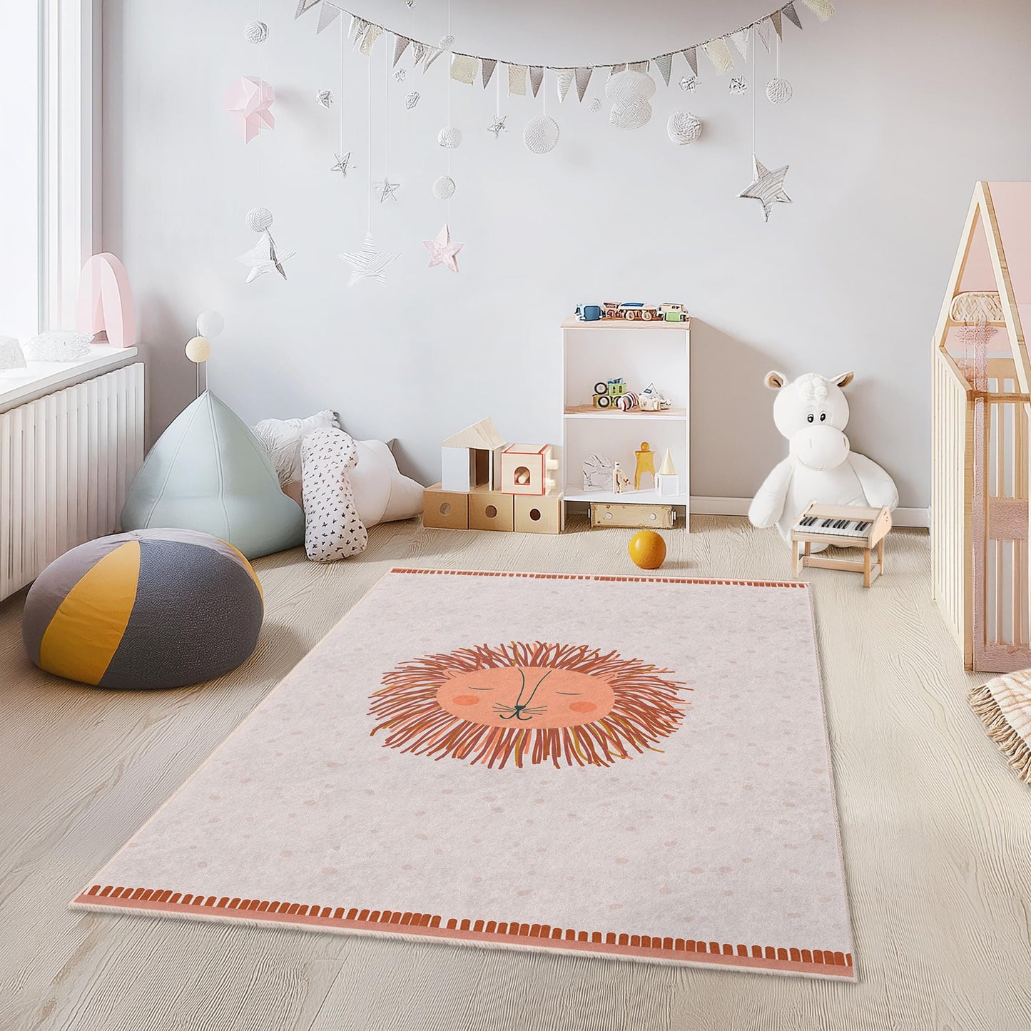 Rechteckiger Teppich mit niedlichem Löwenmotiv fürs Kinderzimmer, verspielter Kinderzimmerteppich, weicher Kinderteppich fürs Spielzimmer, Dekoration mit Tiermotiven