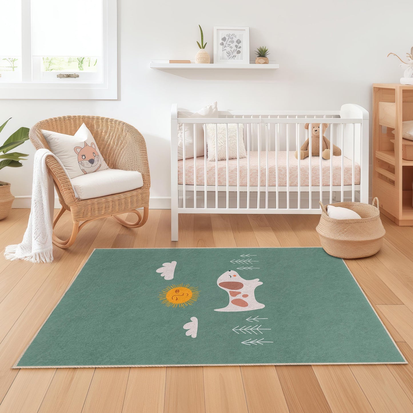 Niedlicher rechteckiger Kinderteppich mit Hund und Sonne, verspieltes Haustiermotiv für Kinderzimmer, Babyzimmer und Spielzimmer