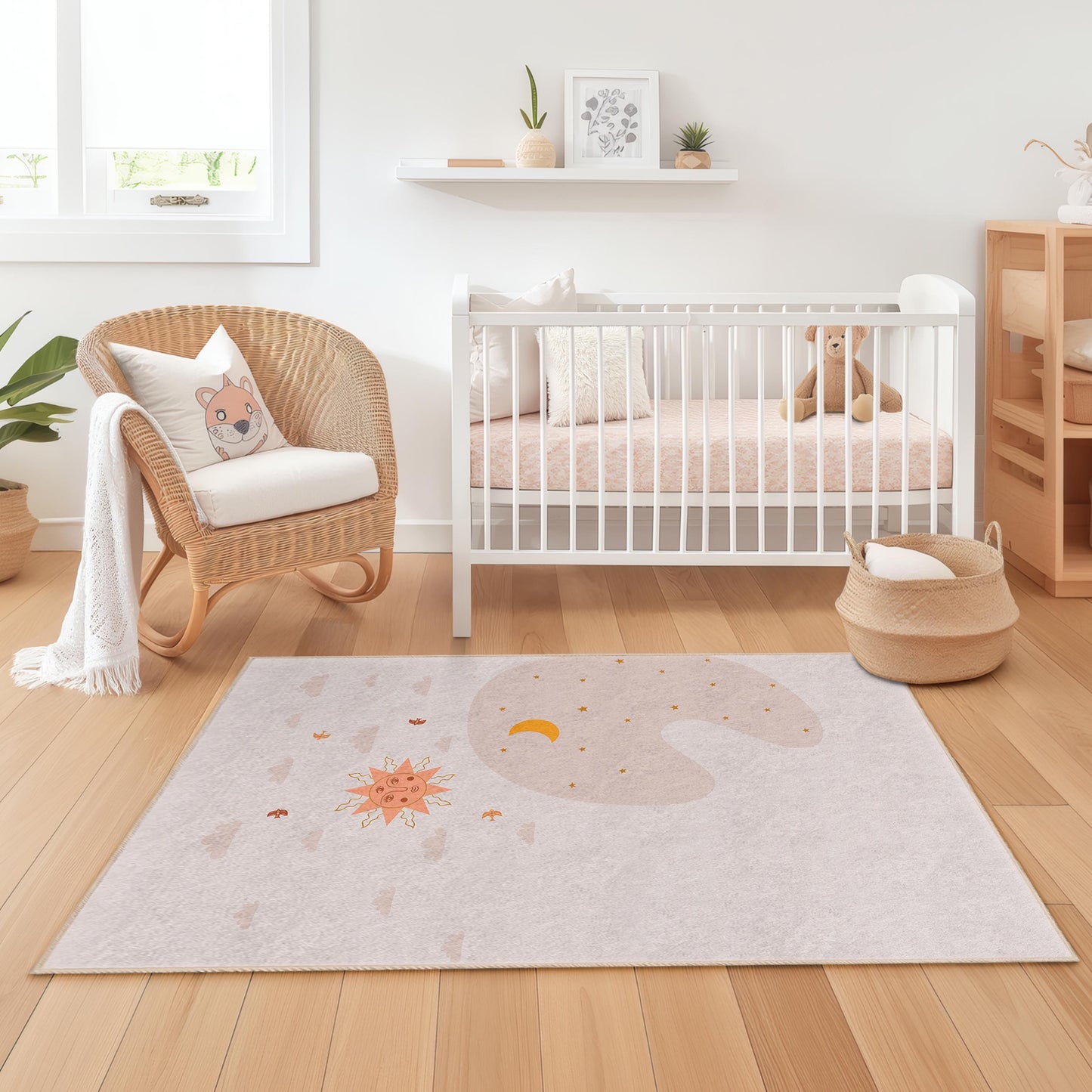 Kinderzimmerteppich mit Sonne- und Mondmotiv, rechteckiger Spielteppich für Kinder, weicher Kinderzimmerteppich, Babyzimmerdekoration, niedlicher Kinderteppich