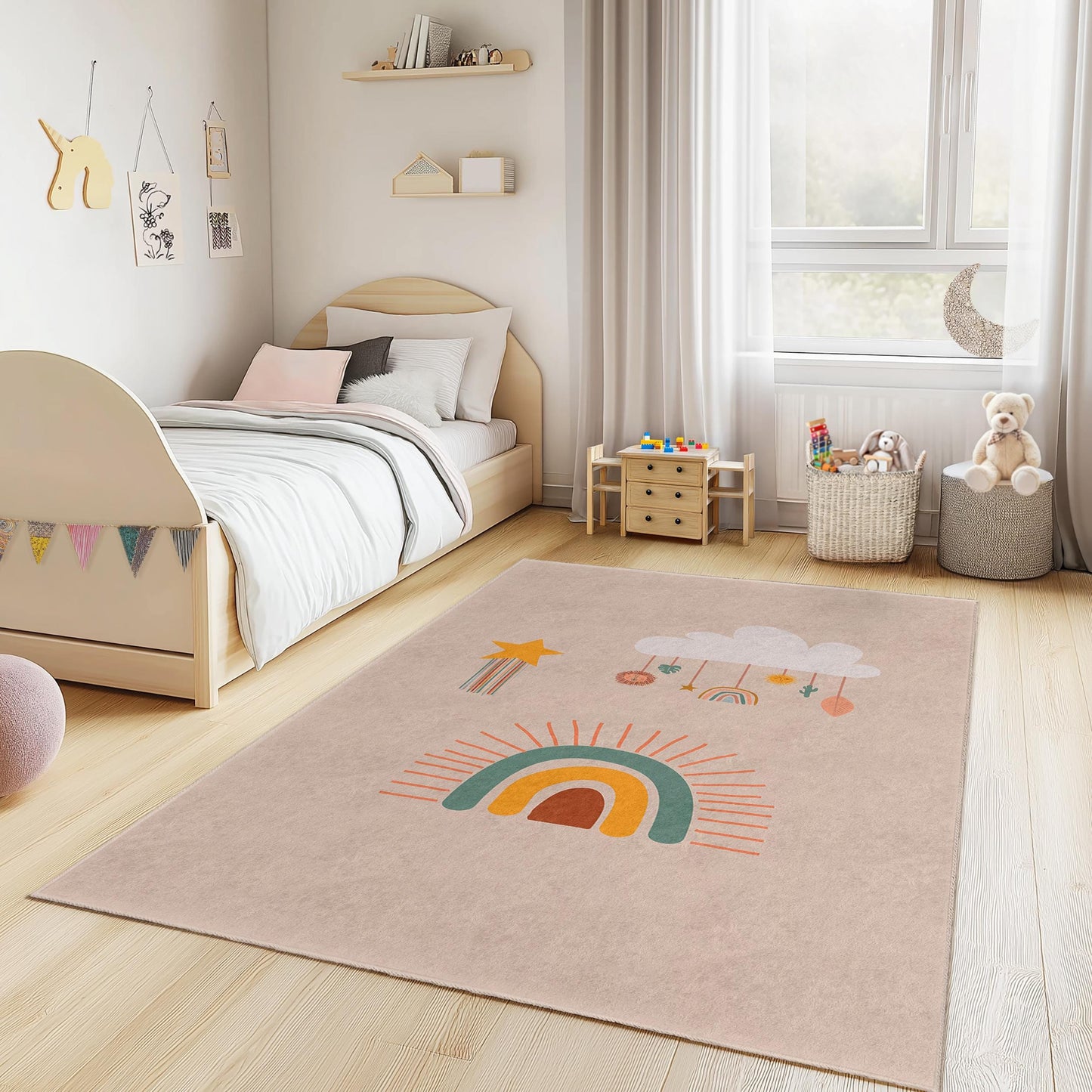 Regenbogenwolken-Spielteppich fürs Kinderzimmer, rechteckige Spielmatte, weicher Kinderzimmerteppich, bunter Kinderteppich, Babyzimmerdekoration