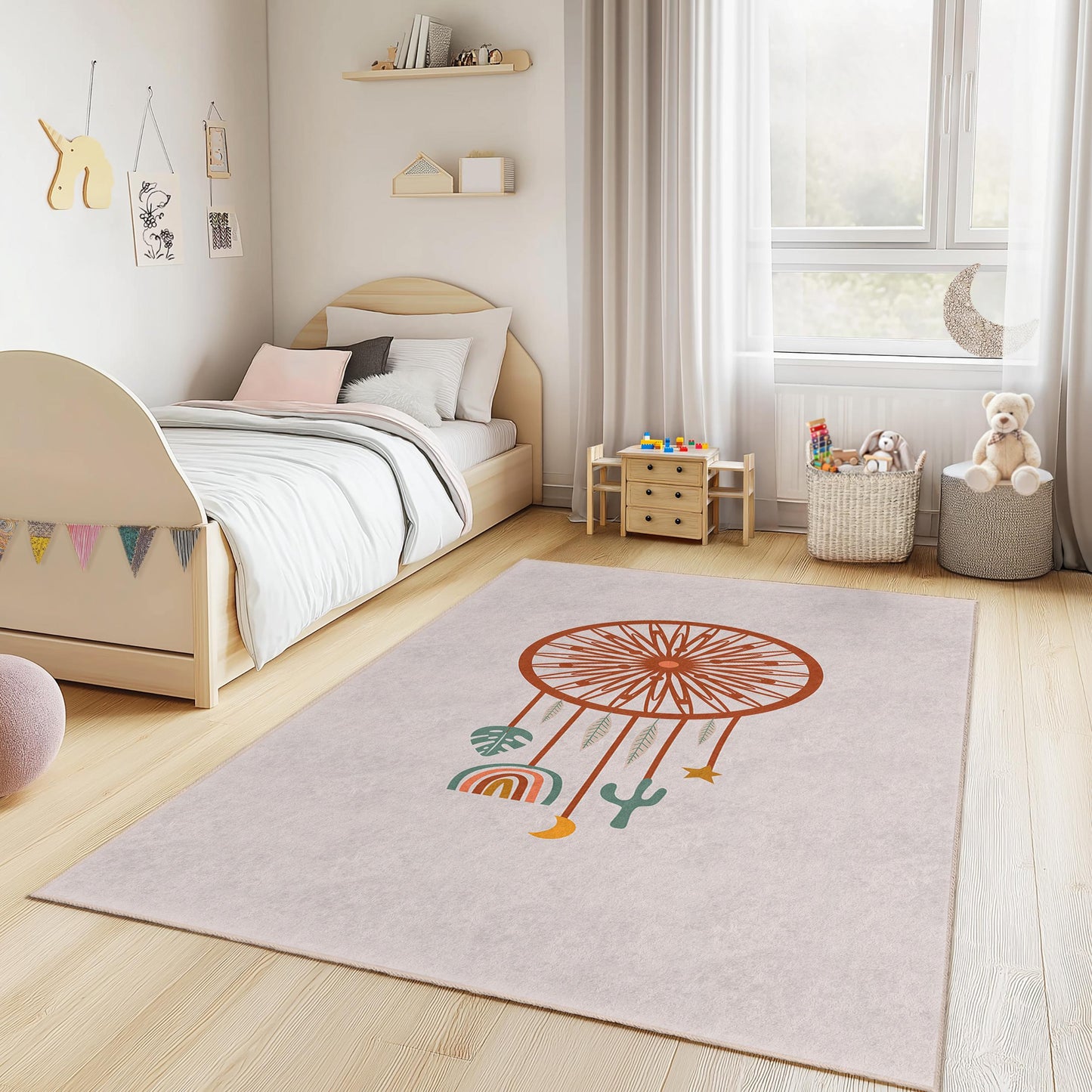 Rechteckiger Kinderteppich mit Traumfänger-Muster, Boho-Stil-Spielzimmerteppich, Kinderzimmerdeko, einzigartiger Kinderzimmerteppich