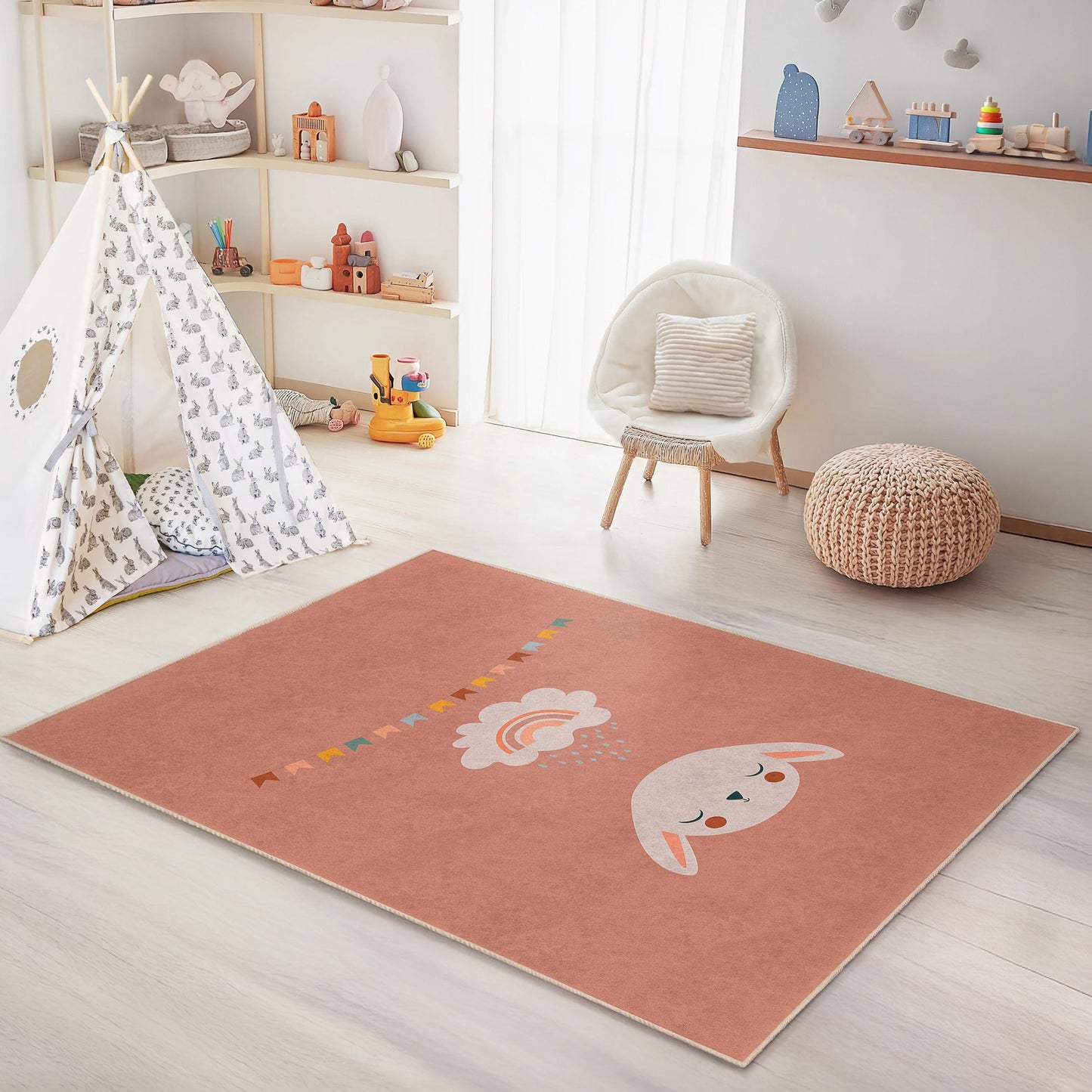 Hasen-Regenbogen-Kinderteppich: Weicher Teppich für Kinderzimmer und Spielzimmer