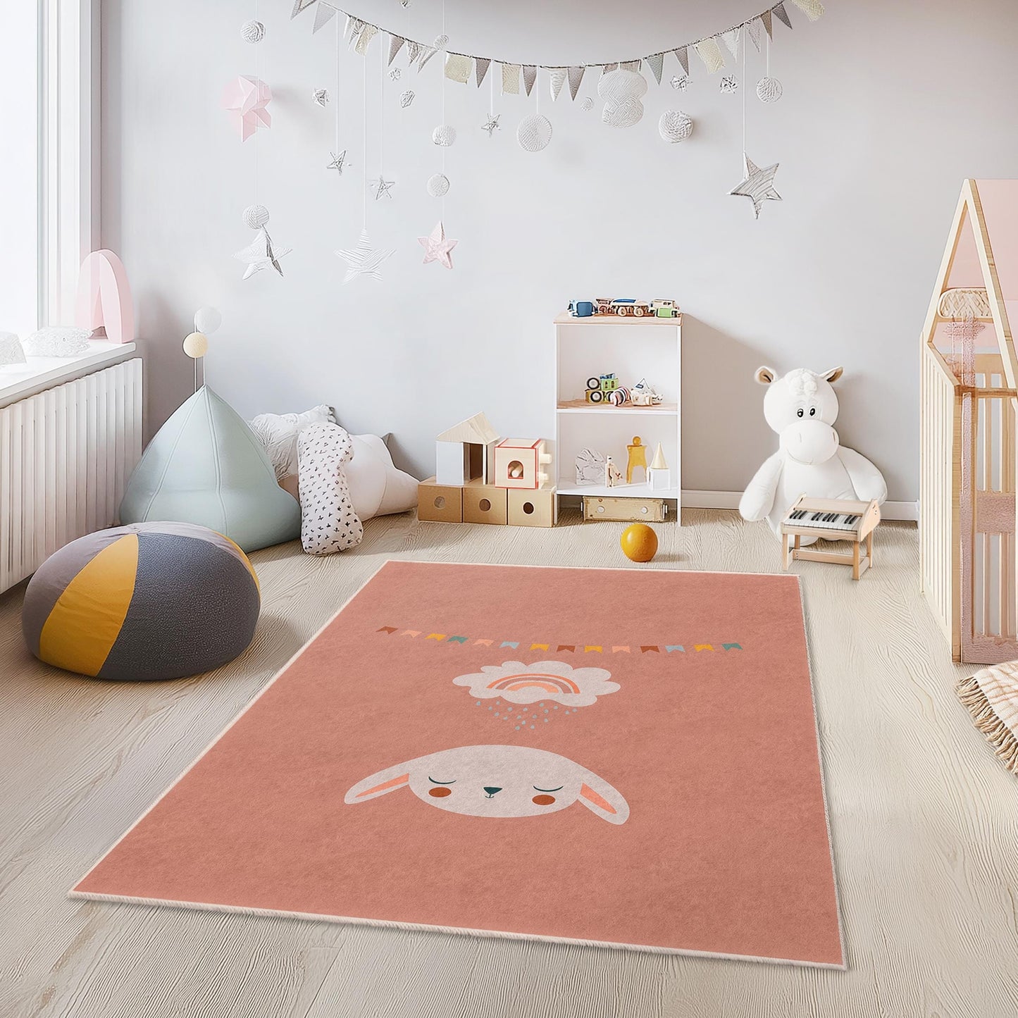 Hasen-Regenbogen-Kinderteppich: Weicher Teppich für Kinderzimmer und Spielzimmer