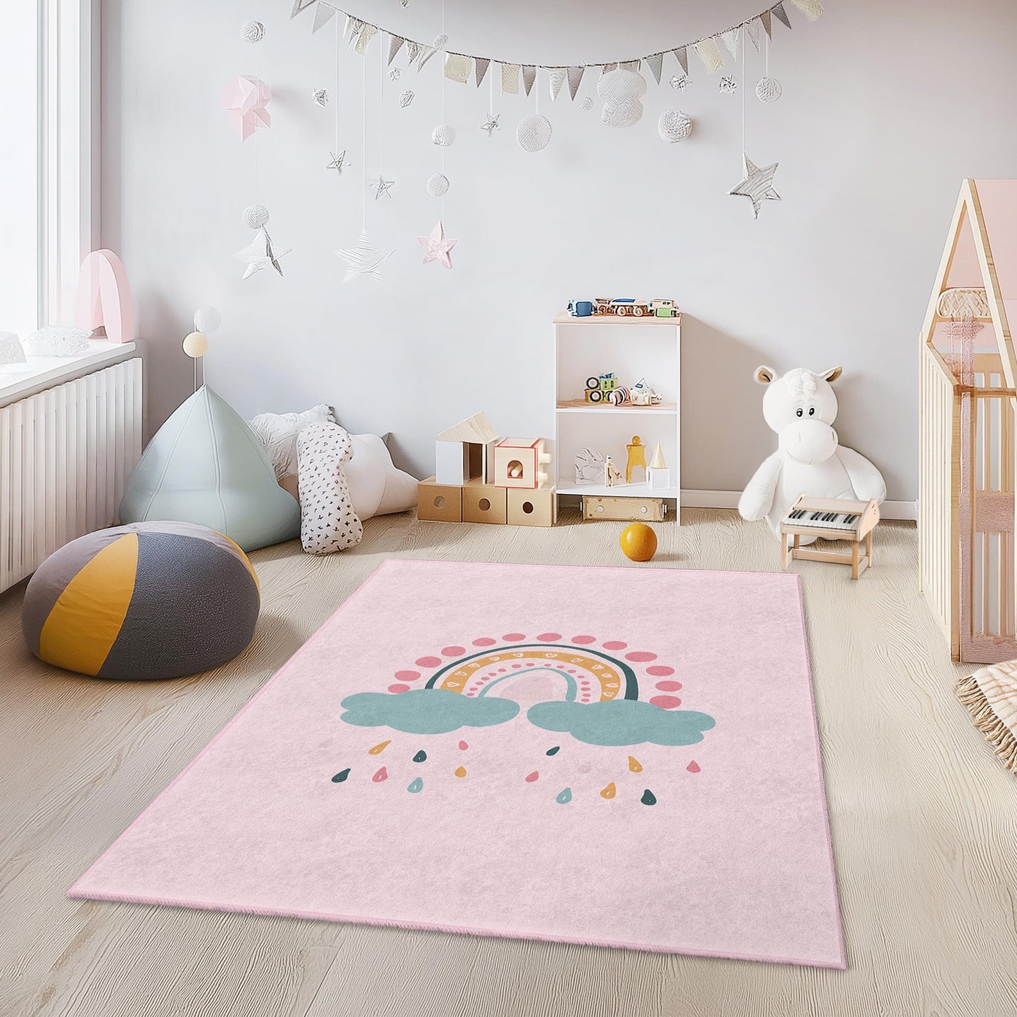 Kinderzimmerteppich mit Regenbogen und Wolken, bunter Regenbogen-Teppich, Spielzimmerdeko, niedlicher Kinderteppich, Teppich für das Kinderzimmer, Spielmatte