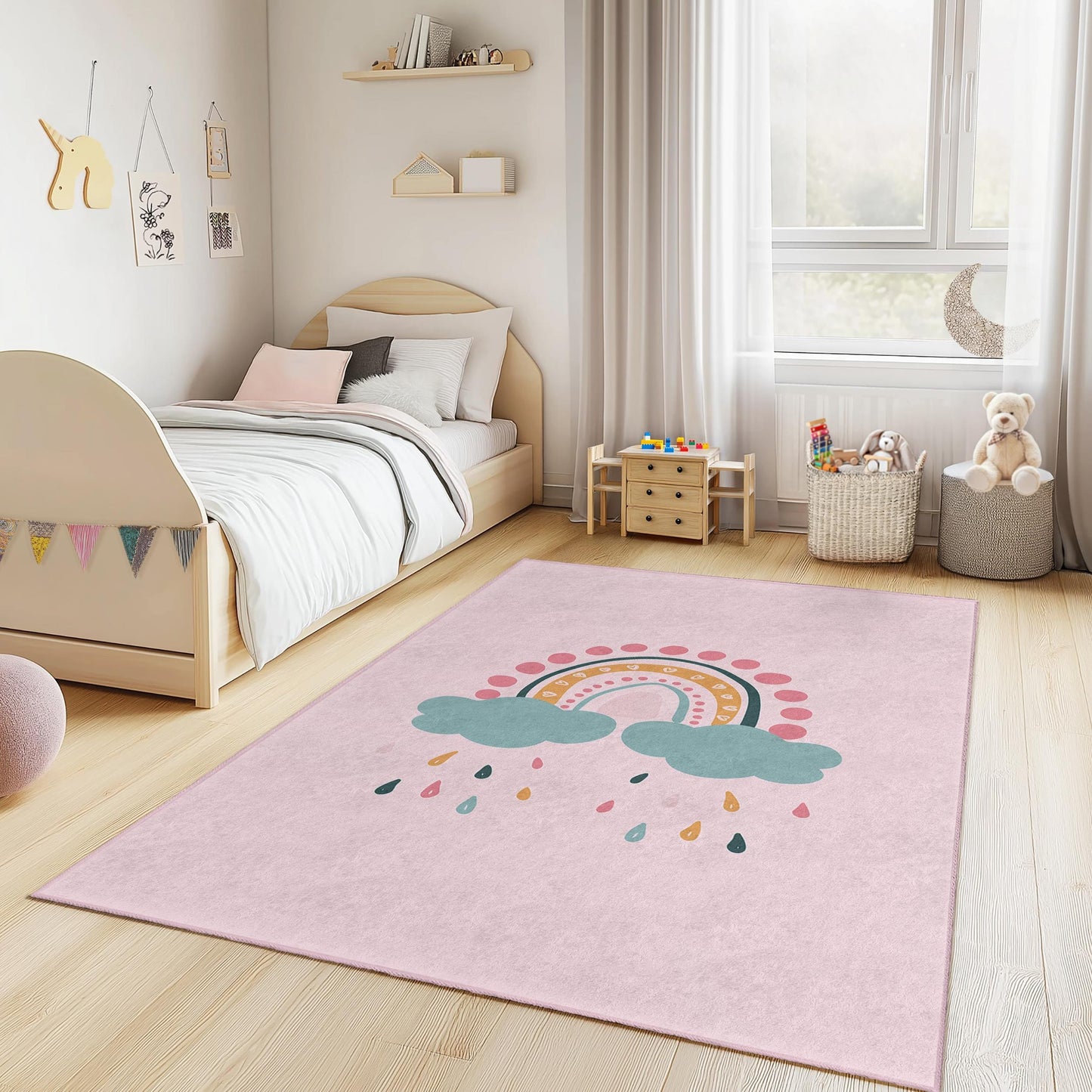 Kinderzimmerteppich mit Regenbogen und Wolken, bunter Regenbogen-Teppich, Spielzimmerdeko, niedlicher Kinderteppich, Teppich für das Kinderzimmer, Spielmatte