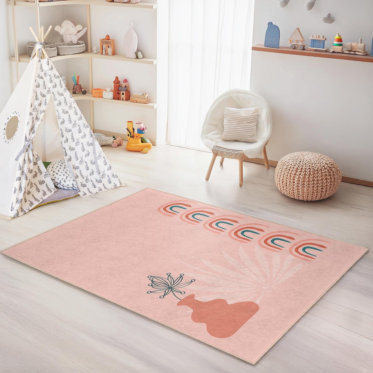 Rechteckiger Kinderteppich mit pastellfarbenem Regenbogen- und Blumenmuster, weicher Teppich fürs Kinderzimmer, Spielzimmerdeko, moderner Kinderzimmerteppich, farbenfroher Teppich