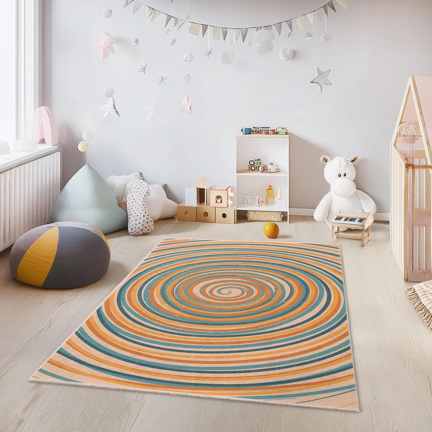 Bunter, rechteckiger Teppich mit Wirbelmuster: Dekoration für Spielzimmer und Kinderzimmer
