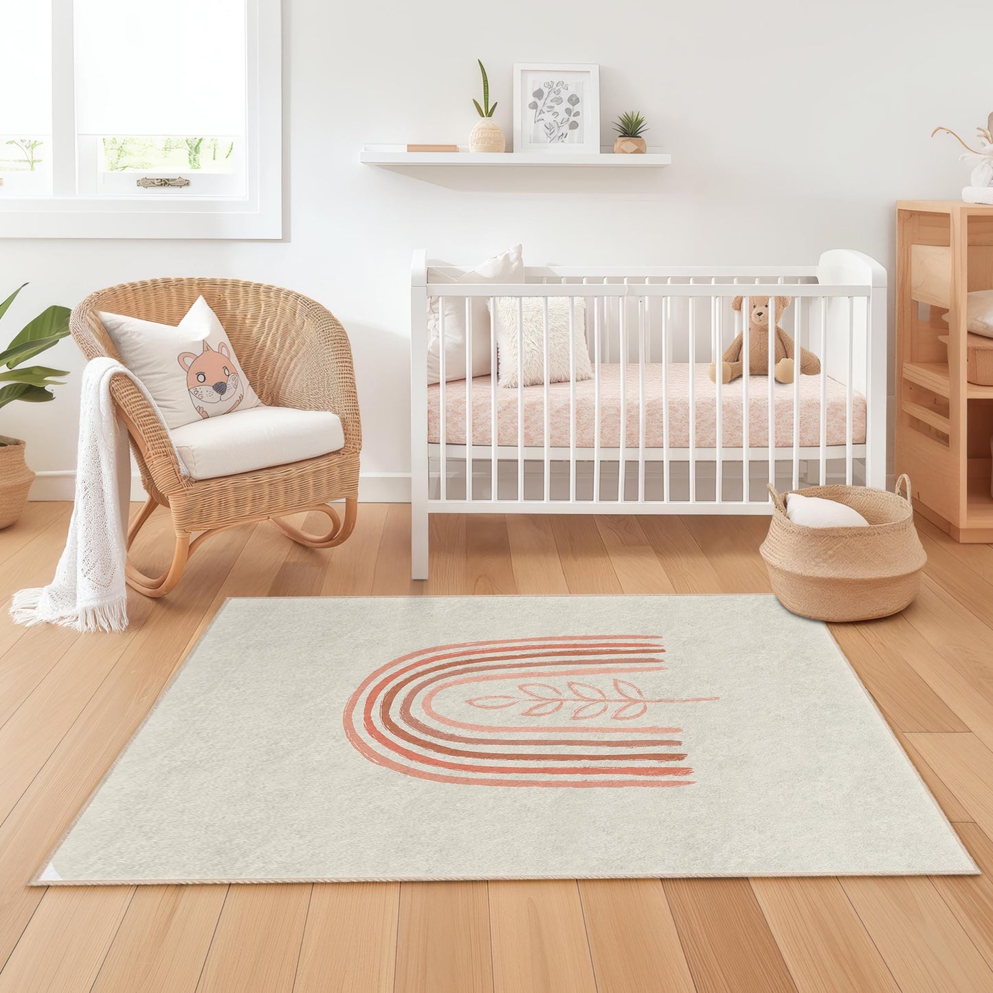 Rechteckiger Kinderteppich mit Regenbogen- und Blättermuster, Kinderzimmerdeko, weicher und kuscheliger Spielzimmerteppich, Spielmatte für Kinder