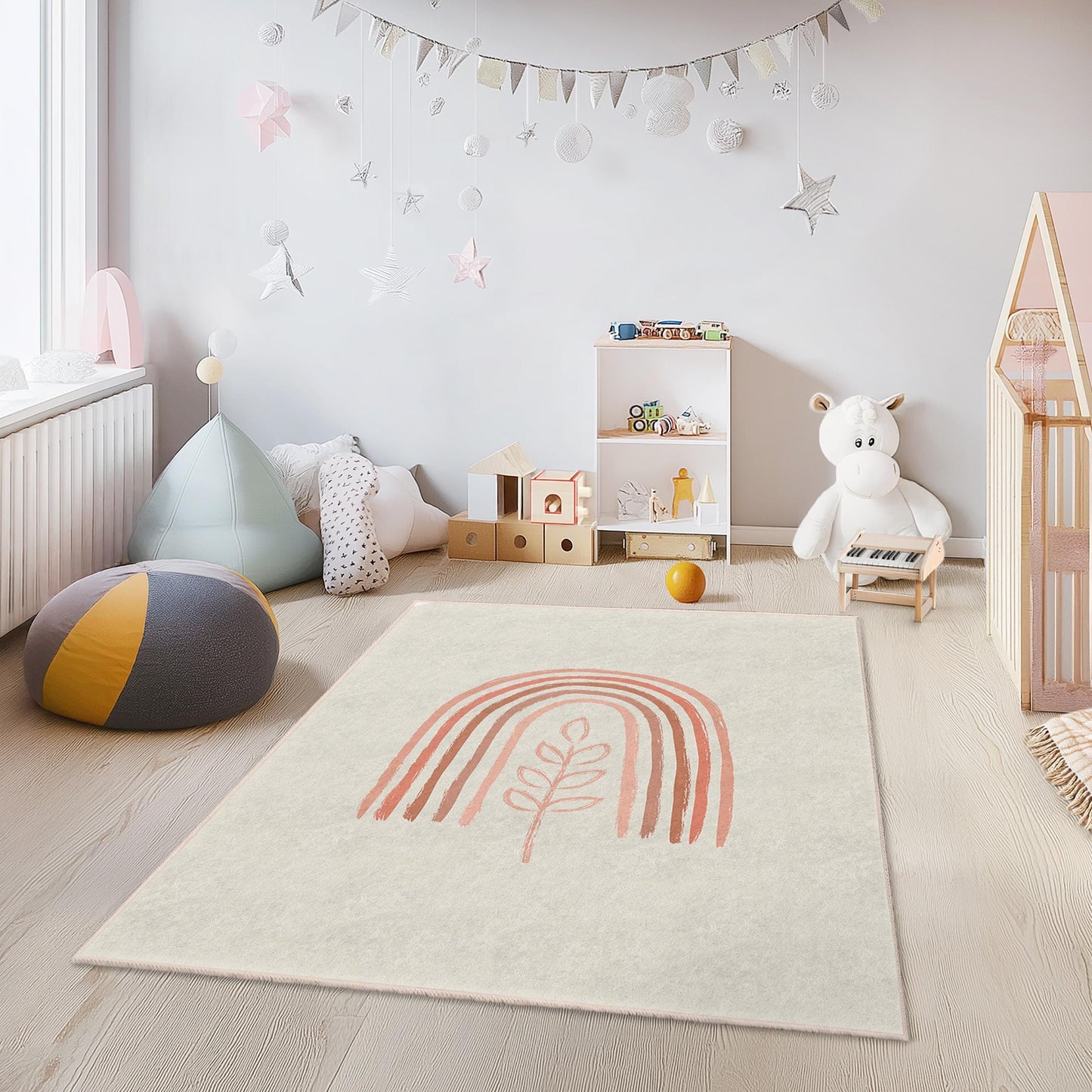 Rechteckiger Kinderteppich mit Regenbogen- und Blättermuster, Kinderzimmerdeko, weicher und kuscheliger Spielzimmerteppich, Spielmatte für Kinder