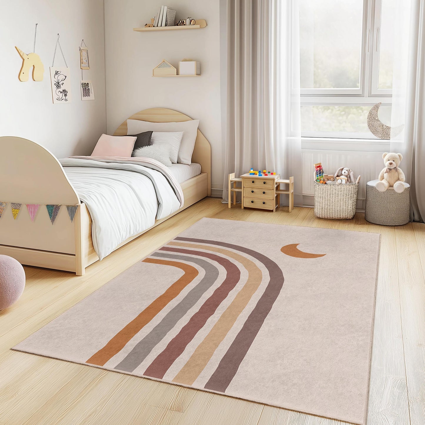 Rechteckiger Kinderteppich mit Regenbogenstreifen, bunter Spielzimmerteppich, weicher Teppich fürs Kinderzimmer, moderne Kinderzimmerdekoration, Babyzimmerteppich