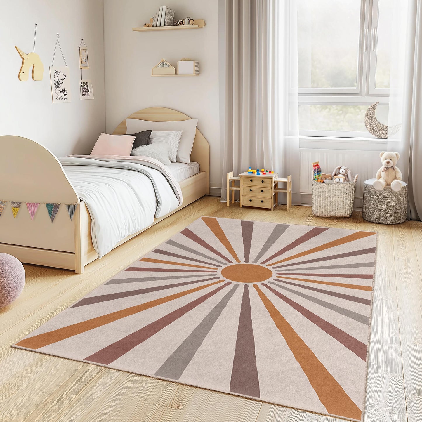 Rechteckiger Kinderteppich mit Retro-Sonnenmuster, farbenfroher Kinderzimmerteppich, moderne Spielzimmerdekoration, weiche Spielmatte fürs Kinderzimmer