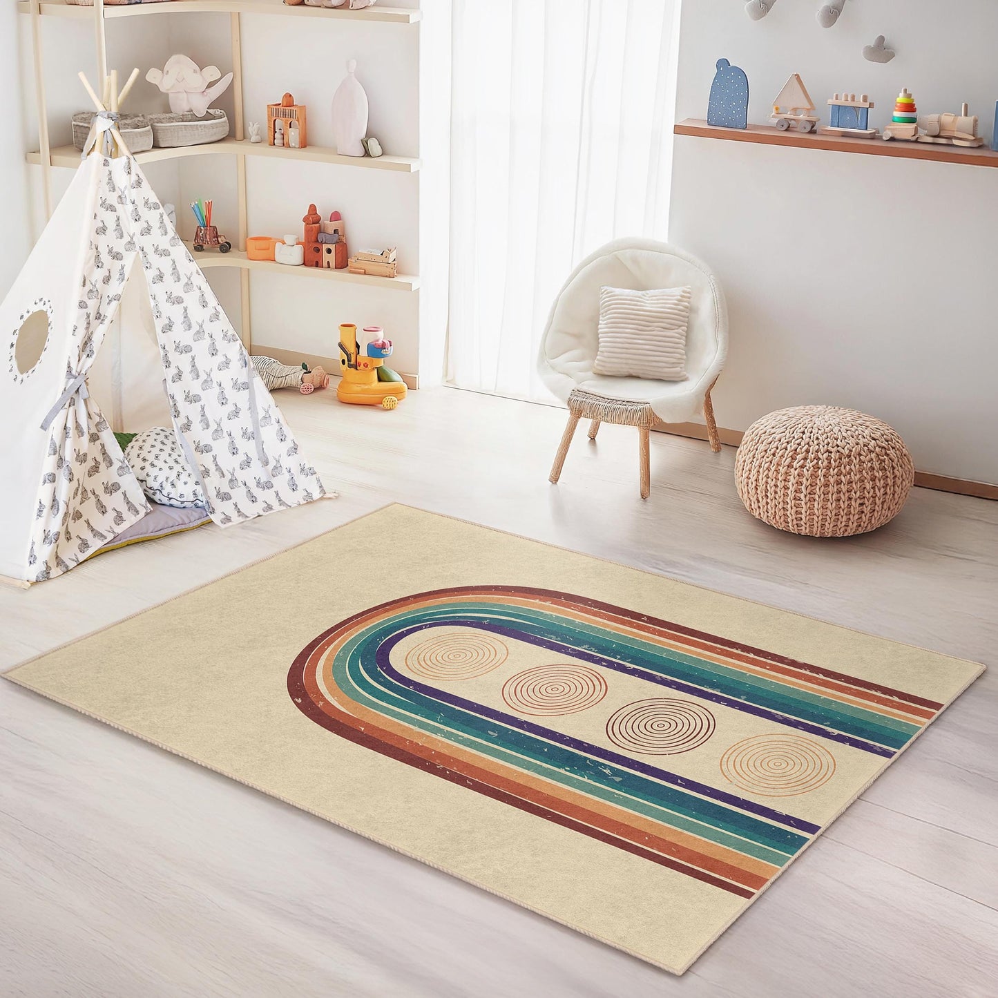 Bunter, rechteckiger Kinderteppich mit Regenbogenstreifen, Boho-Kinderzimmerteppich, moderne Spielzimmerdekoration, weicher Kinderteppich, einzigartiger Kinderteppich