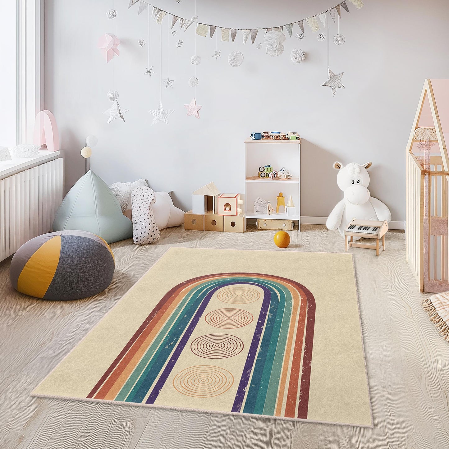 Bunter, rechteckiger Kinderteppich mit Regenbogenstreifen, Boho-Kinderzimmerteppich, moderne Spielzimmerdekoration, weicher Kinderteppich, einzigartiger Kinderteppich