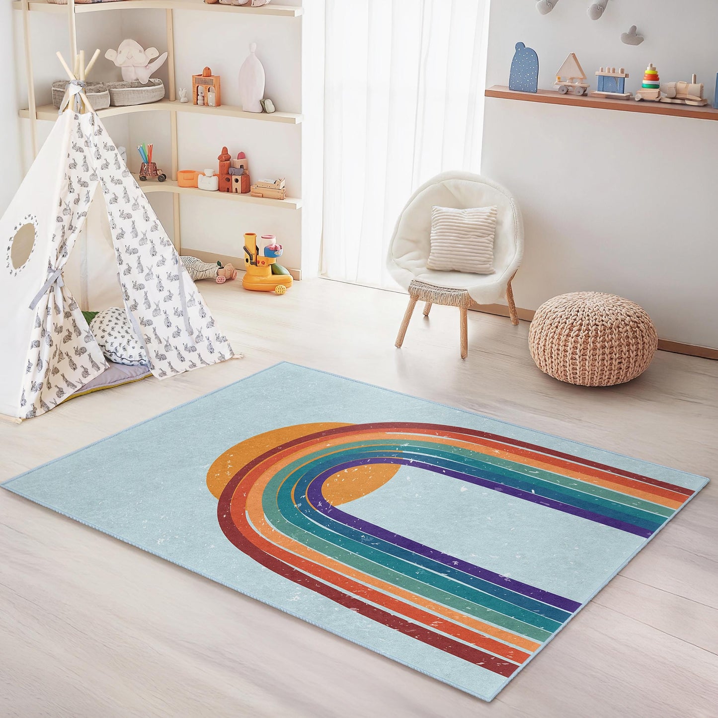 Rechteckiger Kinderteppich mit Regenbogenmuster, bunter Kinderzimmerteppich, Kinderzimmerdeko, Spielmatte, weicher Kinderteppich, lustiger Regenbogenteppich