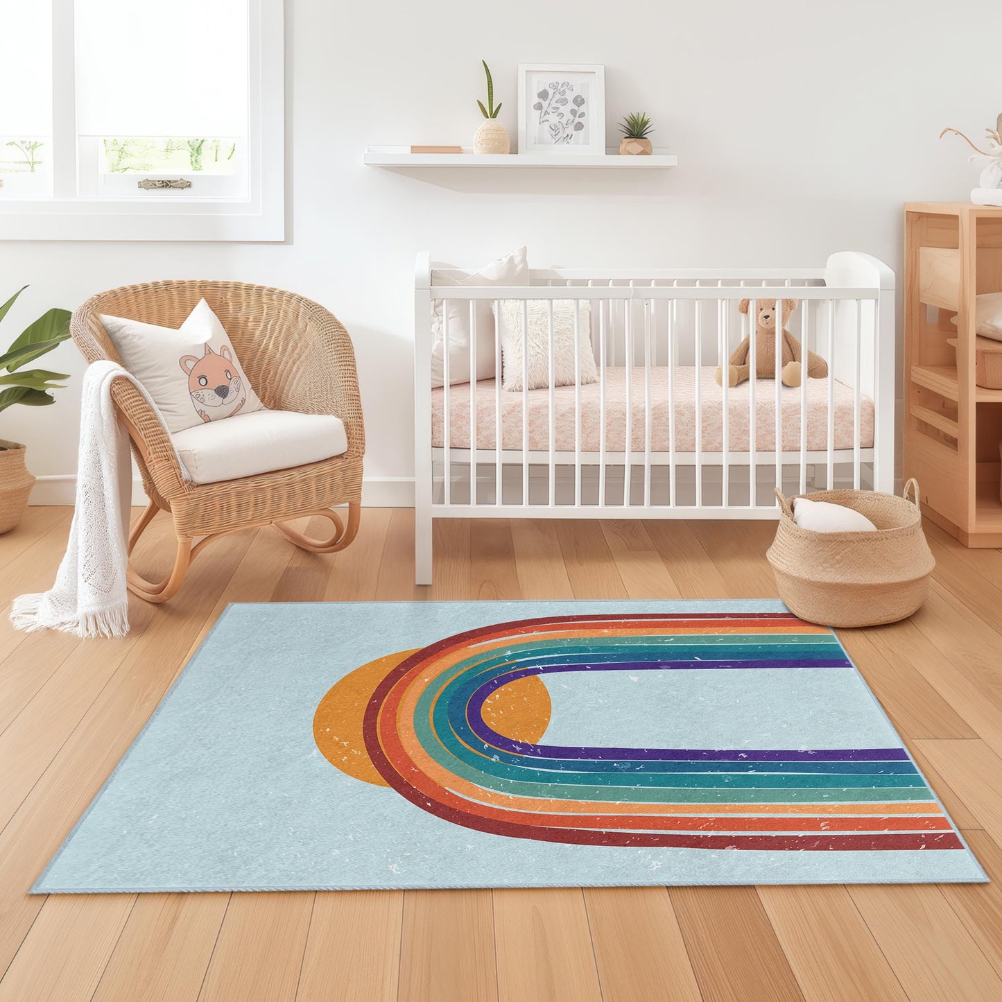 Rechteckiger Kinderteppich mit Regenbogenmuster, bunter Kinderzimmerteppich, Kinderzimmerdeko, Spielmatte, weicher Kinderteppich, lustiger Regenbogenteppich