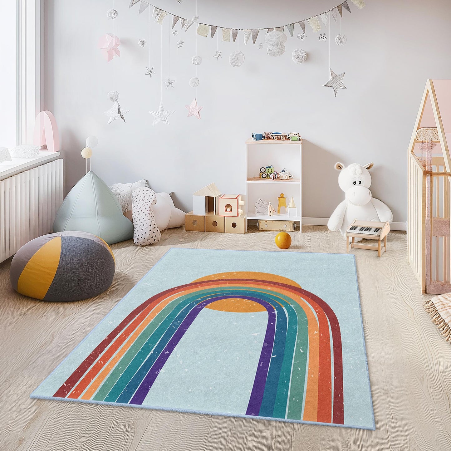 Rechteckiger Kinderteppich mit Regenbogenmuster, bunter Kinderzimmerteppich, Kinderzimmerdeko, Spielmatte, weicher Kinderteppich, lustiger Regenbogenteppich