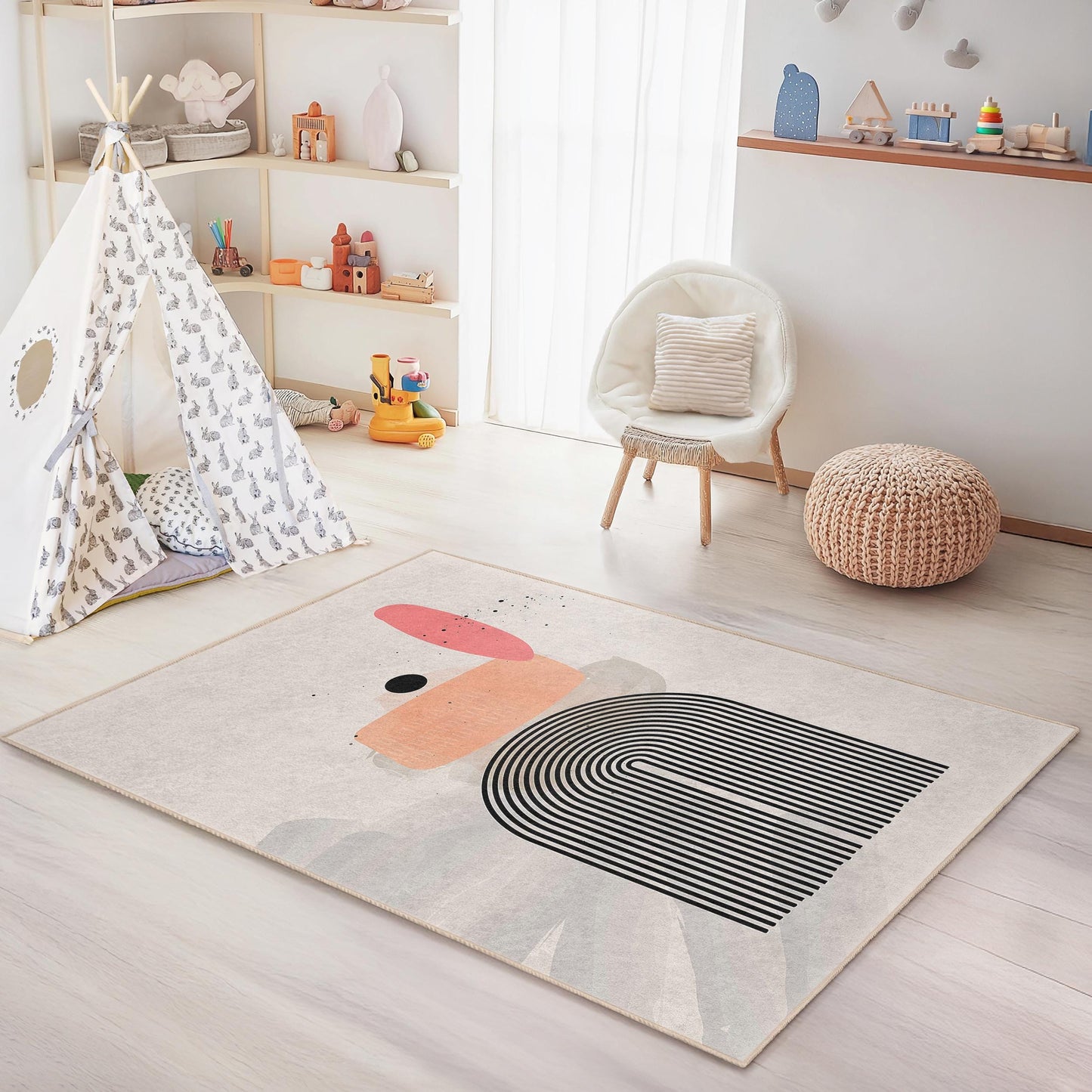Moderner geometrischer rechteckiger Kinderteppich, abstraktes Linienmuster, weicher Spielteppich, Kinderzimmerdekoration, Bodenbelag für Kinderzimmer