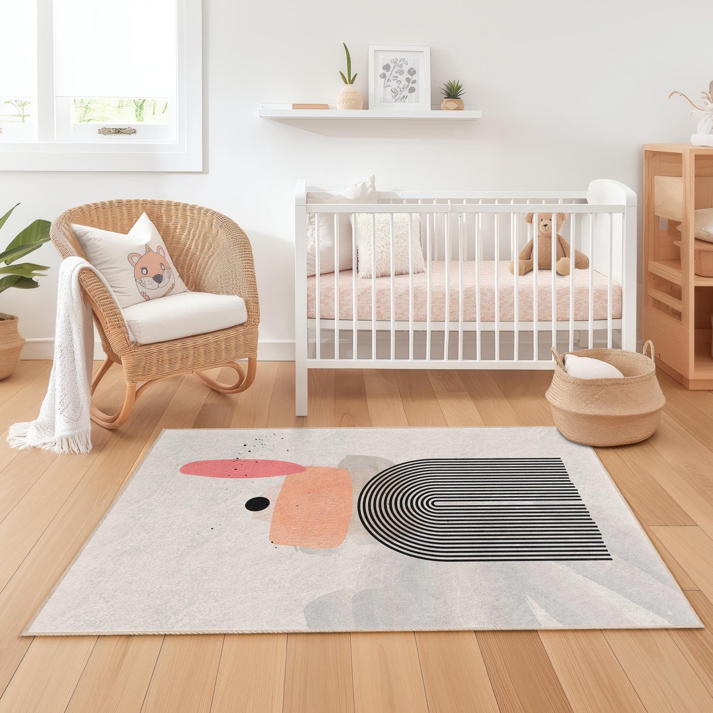 Moderner geometrischer rechteckiger Kinderteppich, abstraktes Linienmuster, weicher Spielteppich, Kinderzimmerdekoration, Bodenbelag für Kinderzimmer