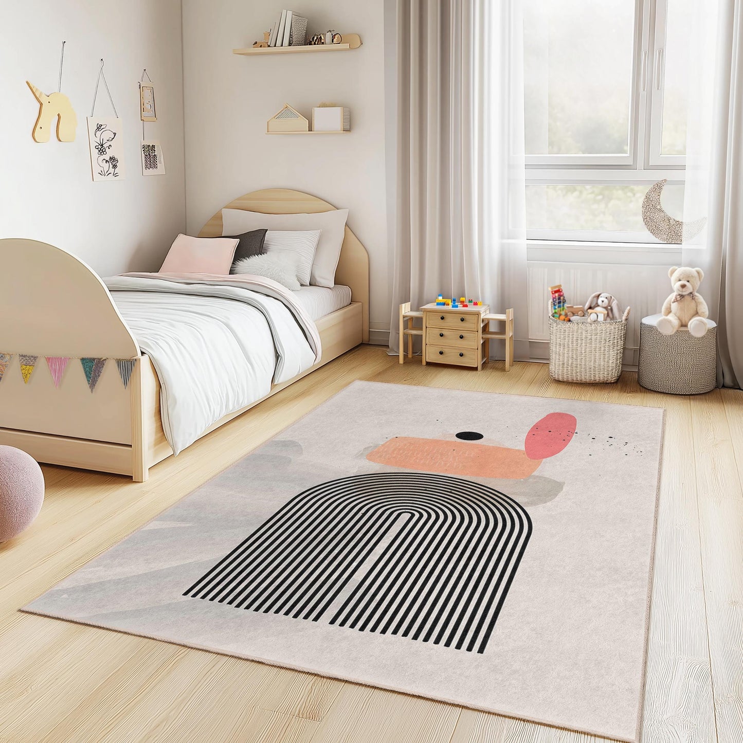 Moderner geometrischer rechteckiger Kinderteppich, abstraktes Linienmuster, weicher Spielteppich, Kinderzimmerdekoration, Bodenbelag für Kinderzimmer