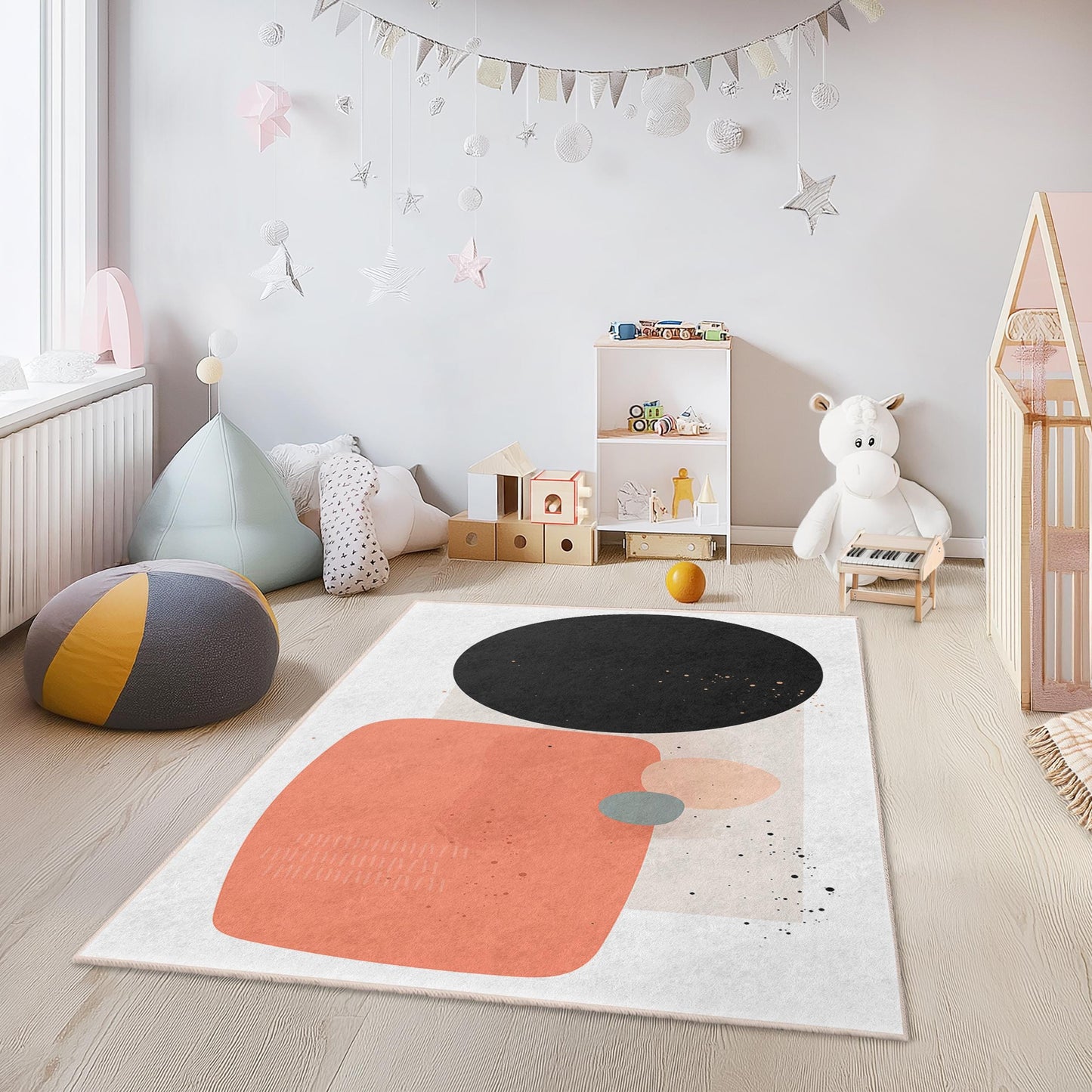 Rechteckiger Kinderteppich mit abstraktem geometrischem Muster, Spielzimmerdeko, weicher Teppich für Kinder, moderner Kinderzimmerteppich, stilvolle Wohnaccessoires