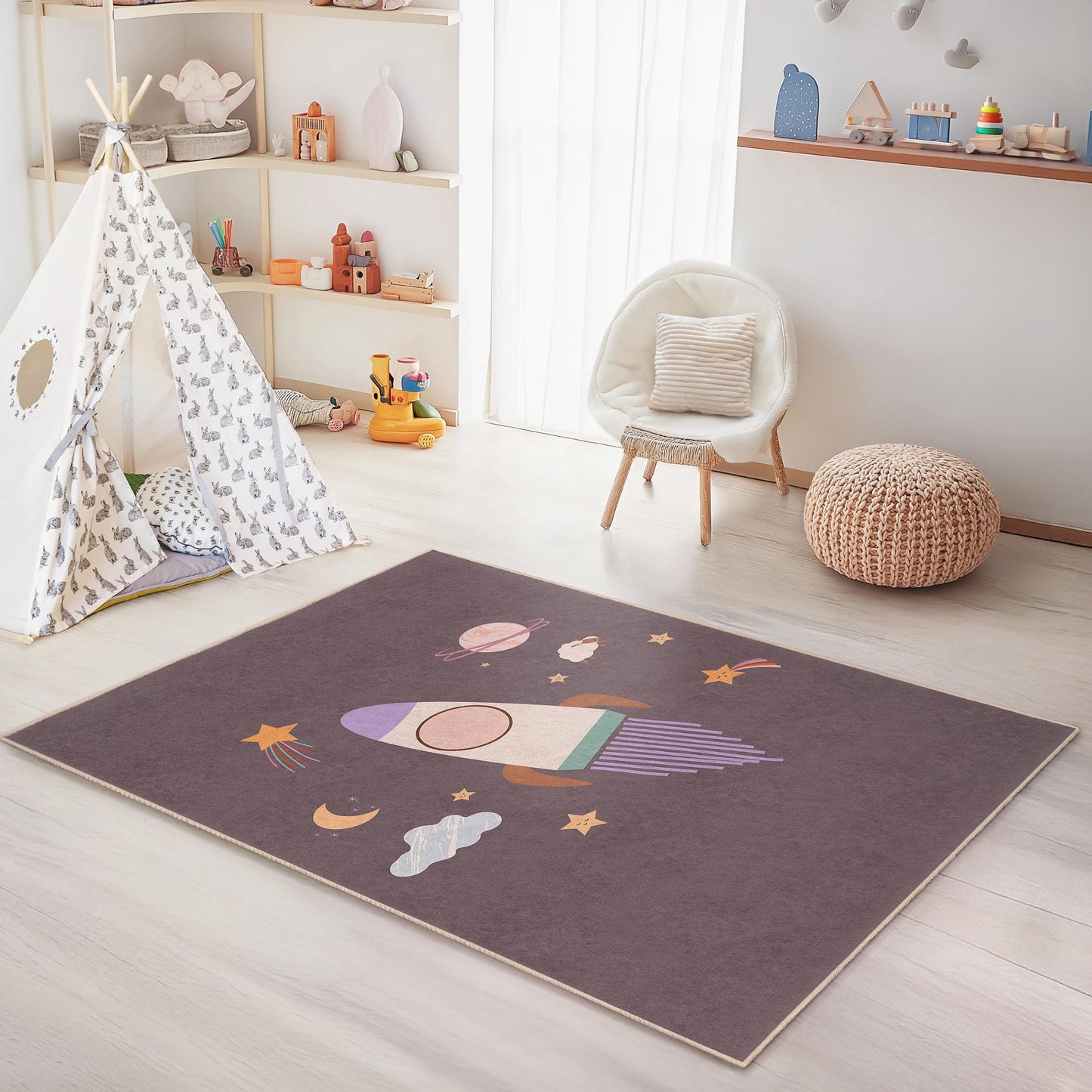 Raketenabenteuer-Kinderteppich, rechteckiger Teppich mit Weltraummotiv, Spielzimmerdeko, Galaxie-Teppich für Kinder, Kinderzimmerteppich