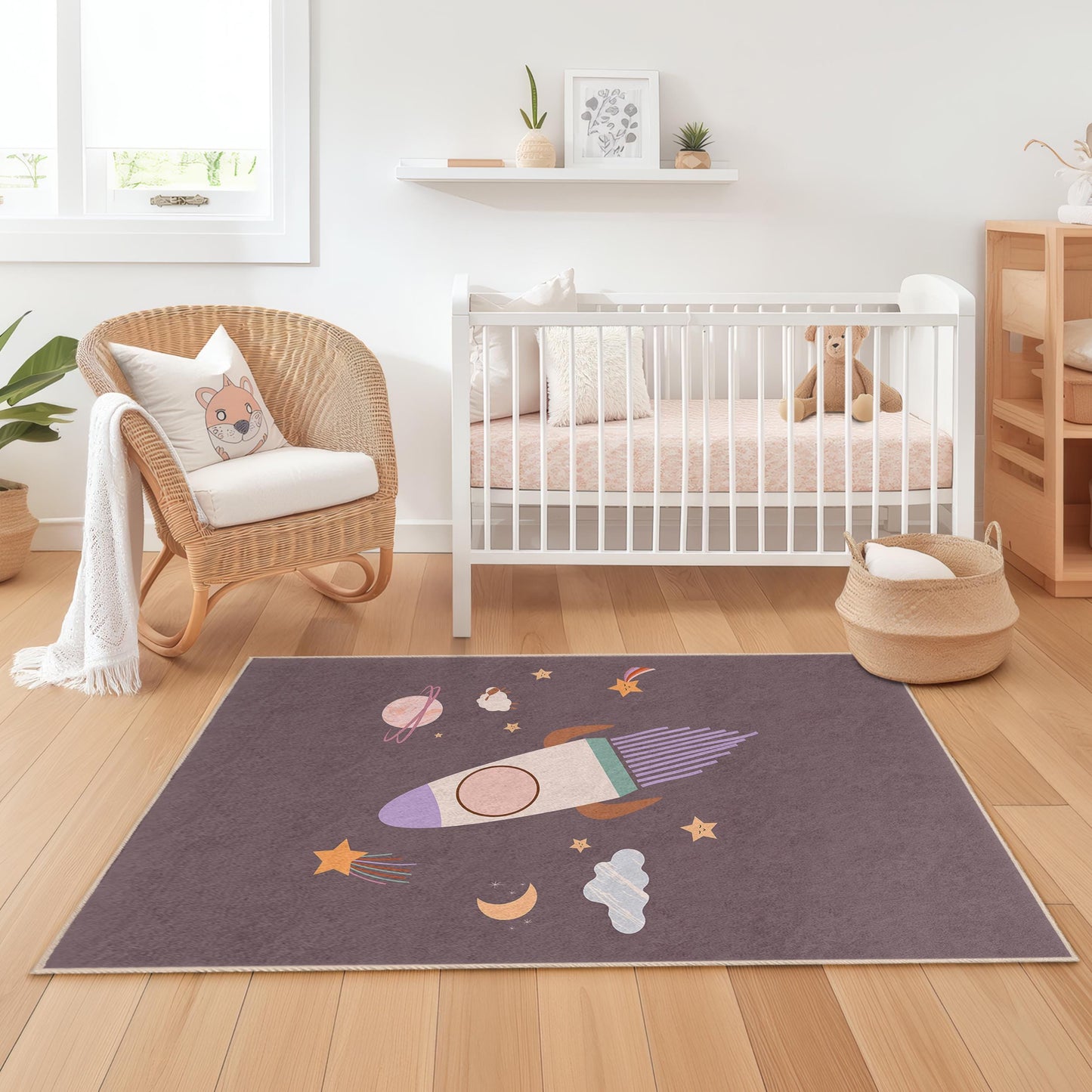 Raketenabenteuer-Kinderteppich, rechteckiger Teppich mit Weltraummotiv, Spielzimmerdeko, Galaxie-Teppich für Kinder, Kinderzimmerteppich