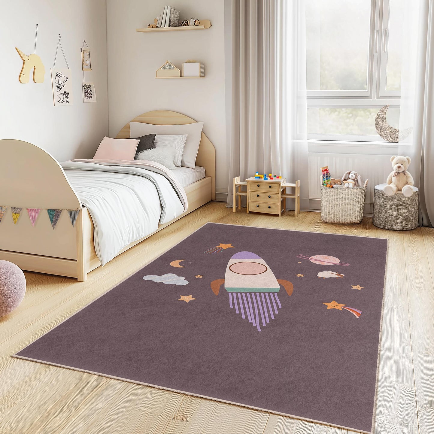 Raketenabenteuer-Kinderteppich, rechteckiger Teppich mit Weltraummotiv, Spielzimmerdeko, Galaxie-Teppich für Kinder, Kinderzimmerteppich