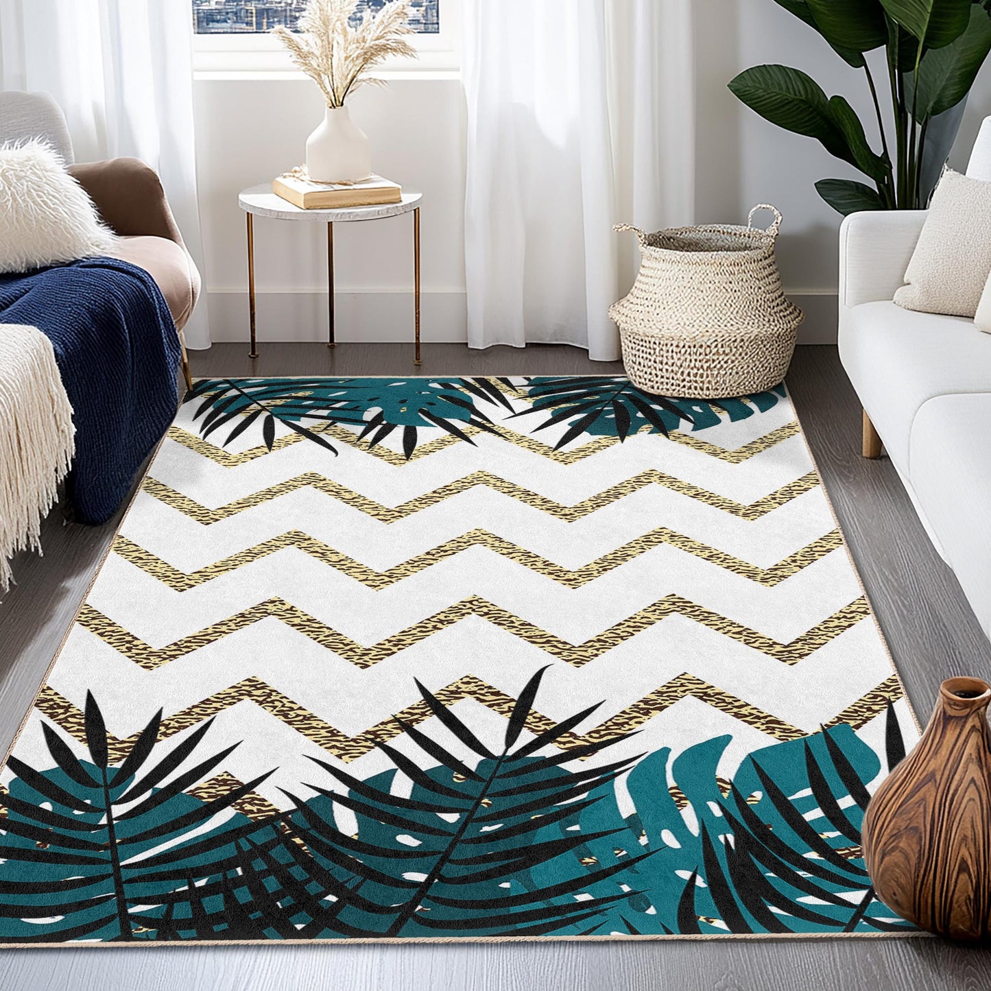 Rechteckiger Teppich mit tropischem Blatt-Zickzackmuster, moderner Wohnzimmerteppich, Boho-Chic-Teppich, Fußmatte für den Innenbereich, Wohnaccessoire