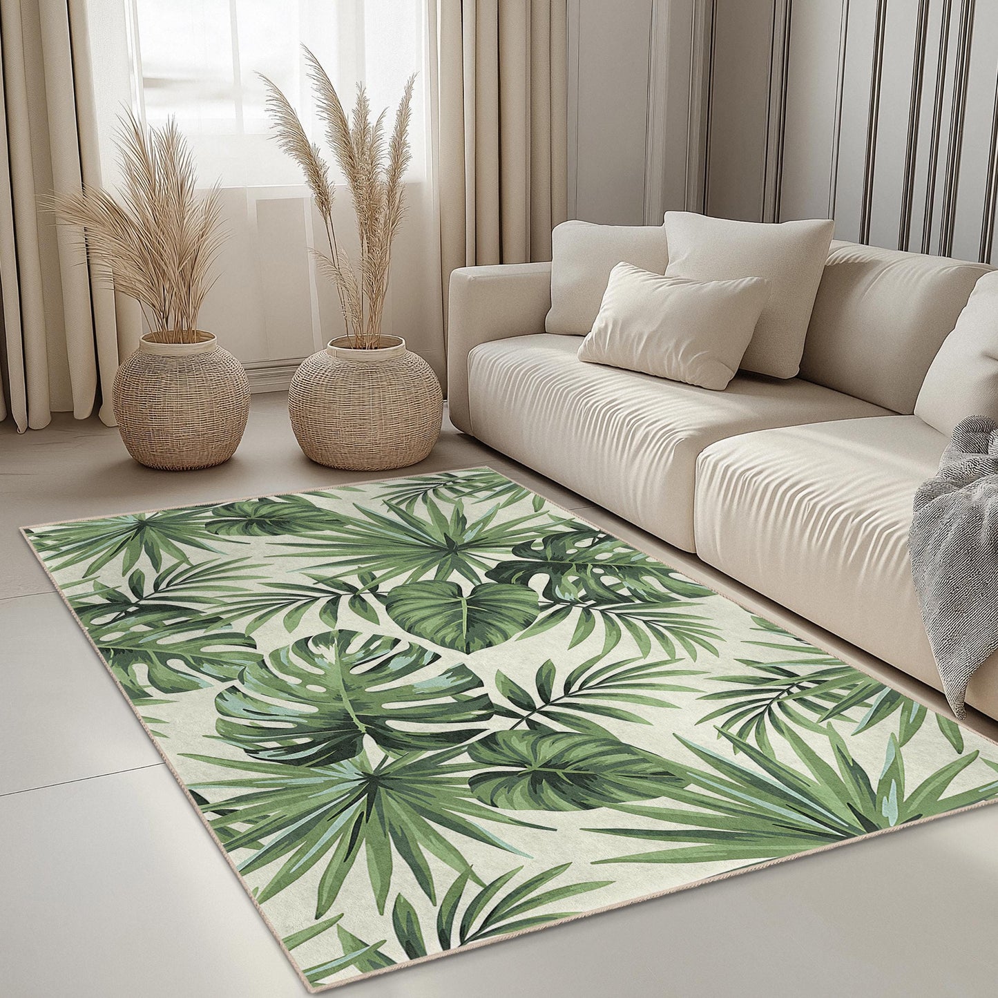 Teppich mit tropischem Blättermuster, rechteckiger Indoor-Teppich, Wohnzimmerdeko, Teppich für Pflanzenliebhaber, naturnahe Wohndekoration