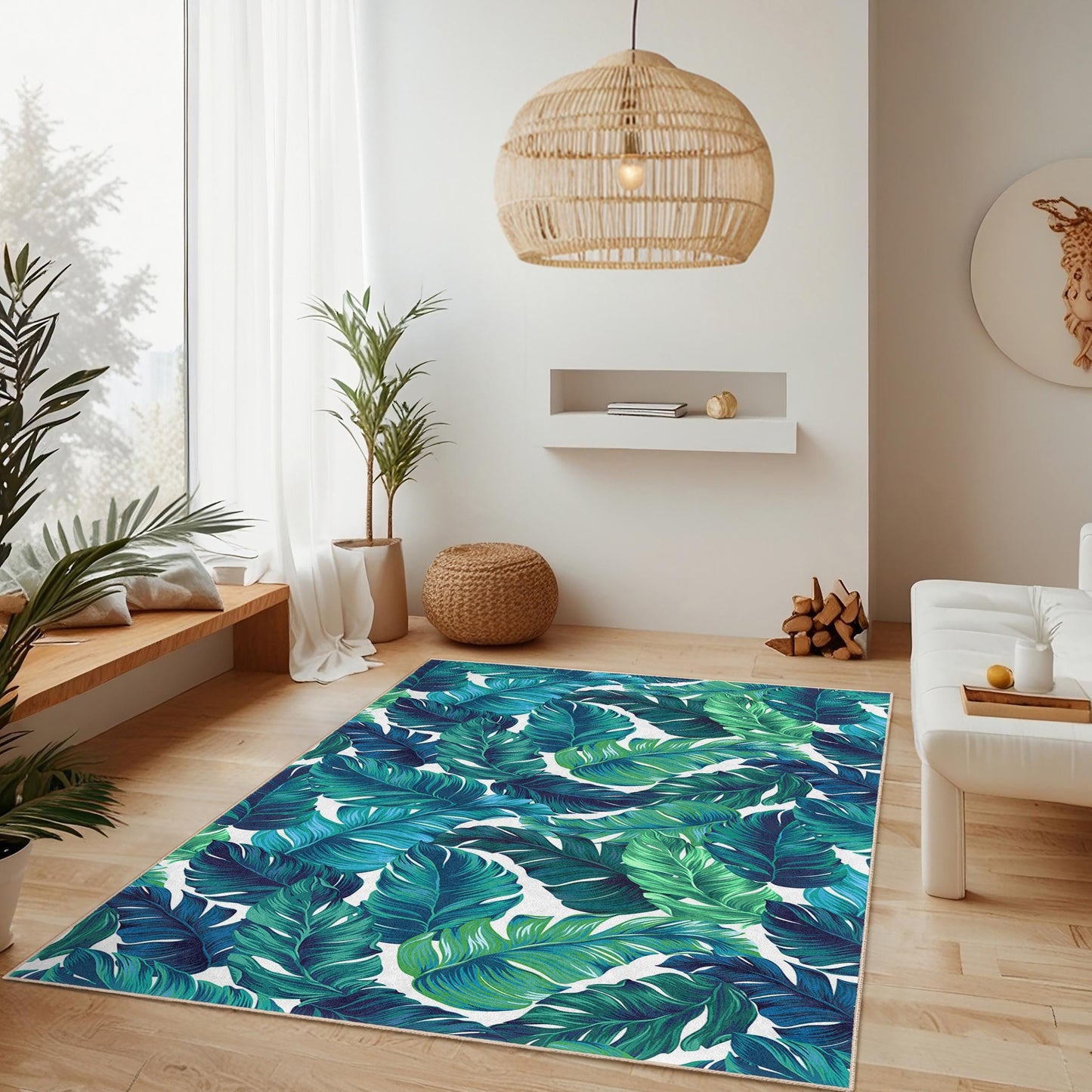 Rechteckiger Teppich mit tropischem Blattmuster, grüner Teppich mit Blattdesign, Wohnzimmerteppich, Boho-Dekor, naturinspirierter Bodenbelag