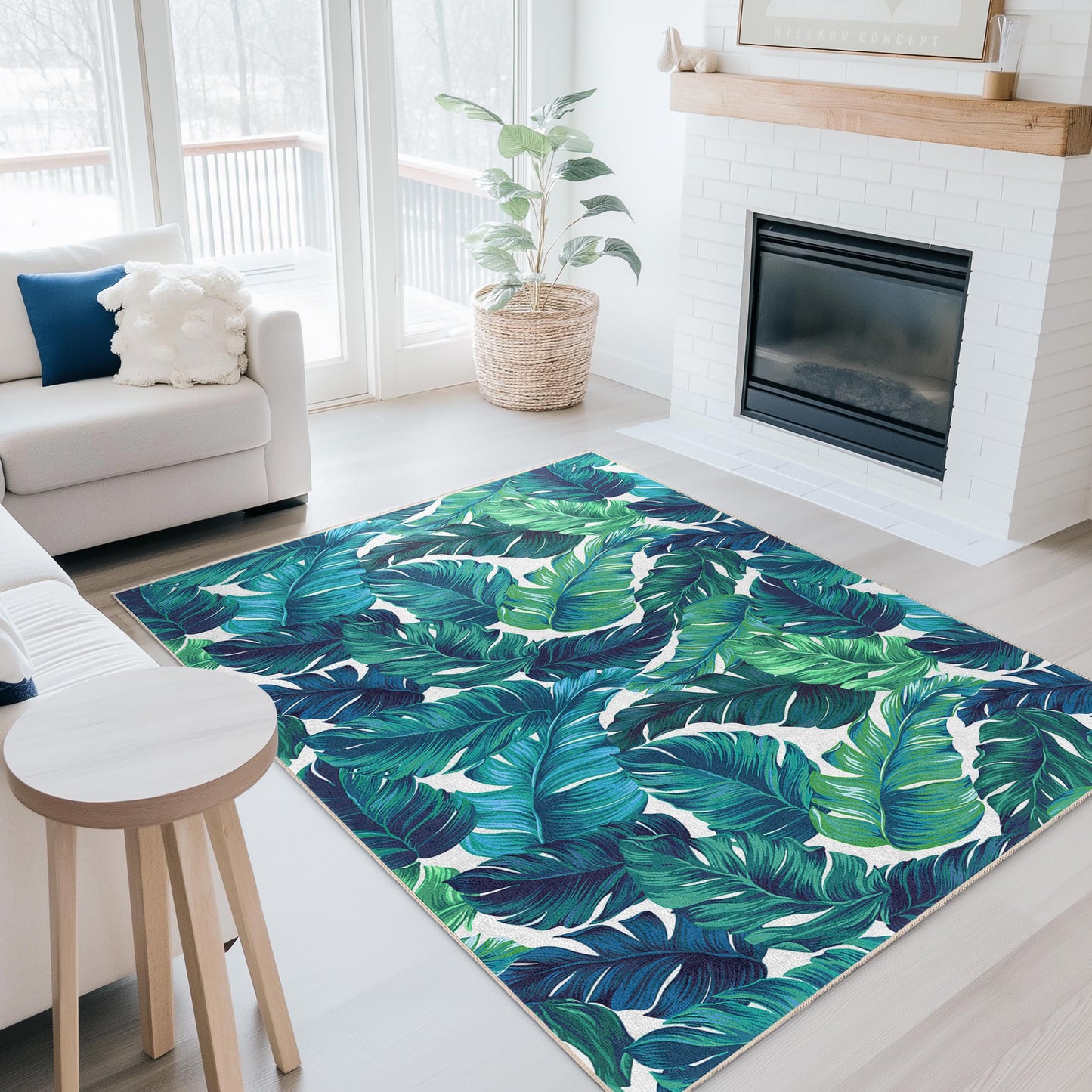 Rechteckiger Teppich mit tropischem Blattmuster, grüner Teppich mit Blattdesign, Wohnzimmerteppich, Boho-Dekor, naturinspirierter Bodenbelag