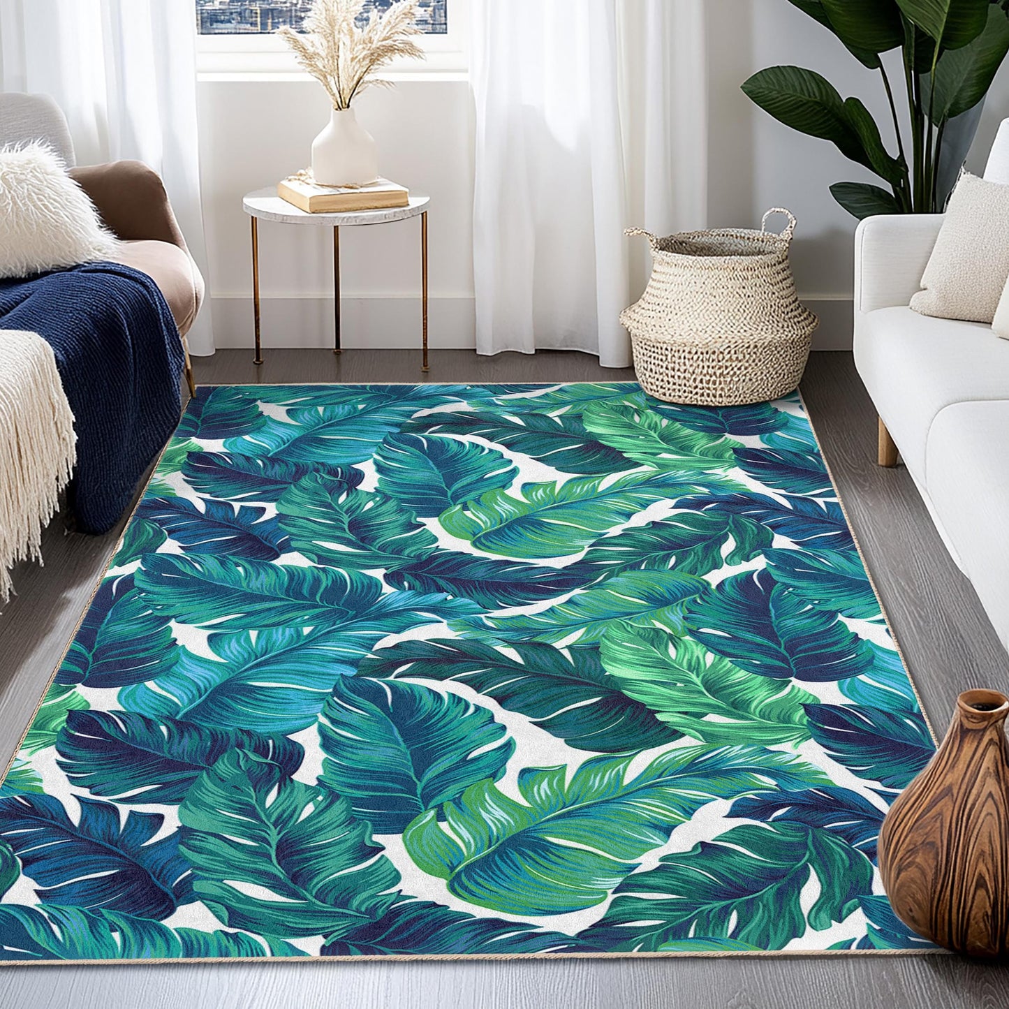 Tropical Leaf Pattern Rectangle Area Rug, Green Leaf Design Carpet, Living Room Rug, Bohemian Decor, Nature Inspired Flooring