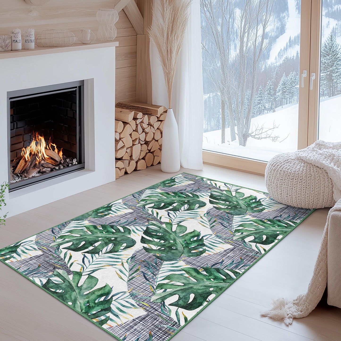 Rechteckiger Teppich mit tropischem Blattmuster, Teppich mit grüner Monstera-Pflanze, Wohnzimmerteppich, moderne Wohndekoration, von der Natur inspirierter Teppich