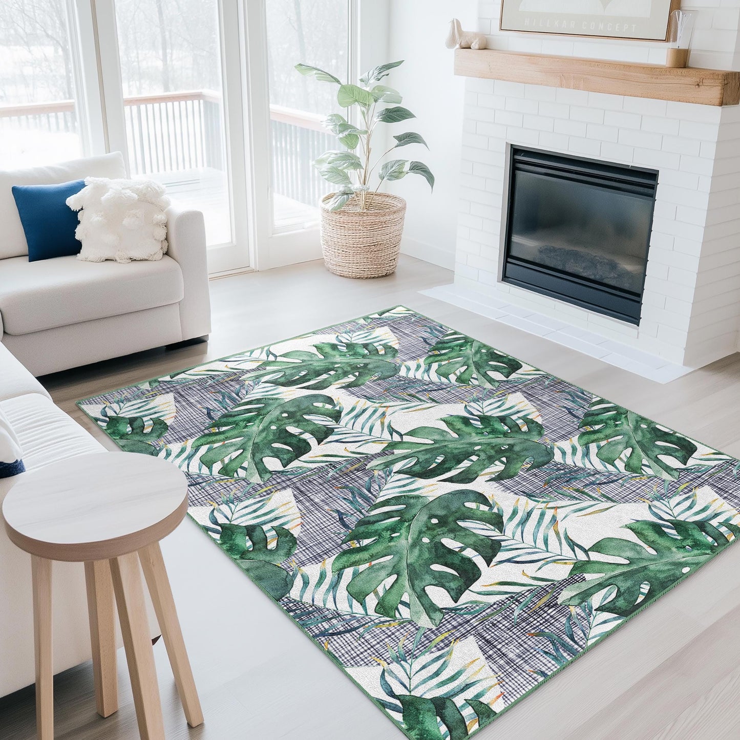 Rechteckiger Teppich mit tropischem Blattmuster, Teppich mit grüner Monstera-Pflanze, Wohnzimmerteppich, moderne Wohndekoration, von der Natur inspirierter Teppich