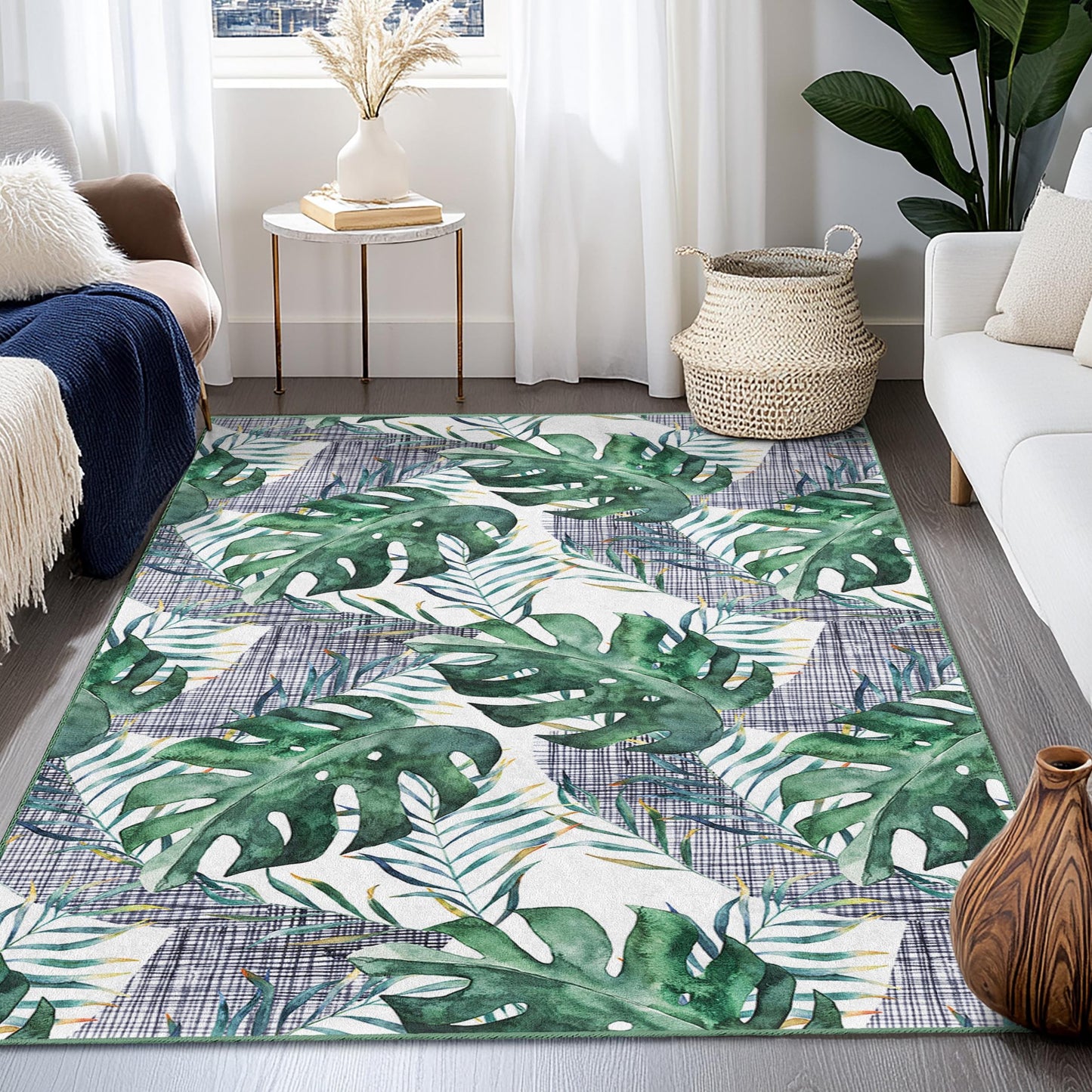 Rechteckiger Teppich mit tropischem Blattmuster, Teppich mit grüner Monstera-Pflanze, Wohnzimmerteppich, moderne Wohndekoration, von der Natur inspirierter Teppich