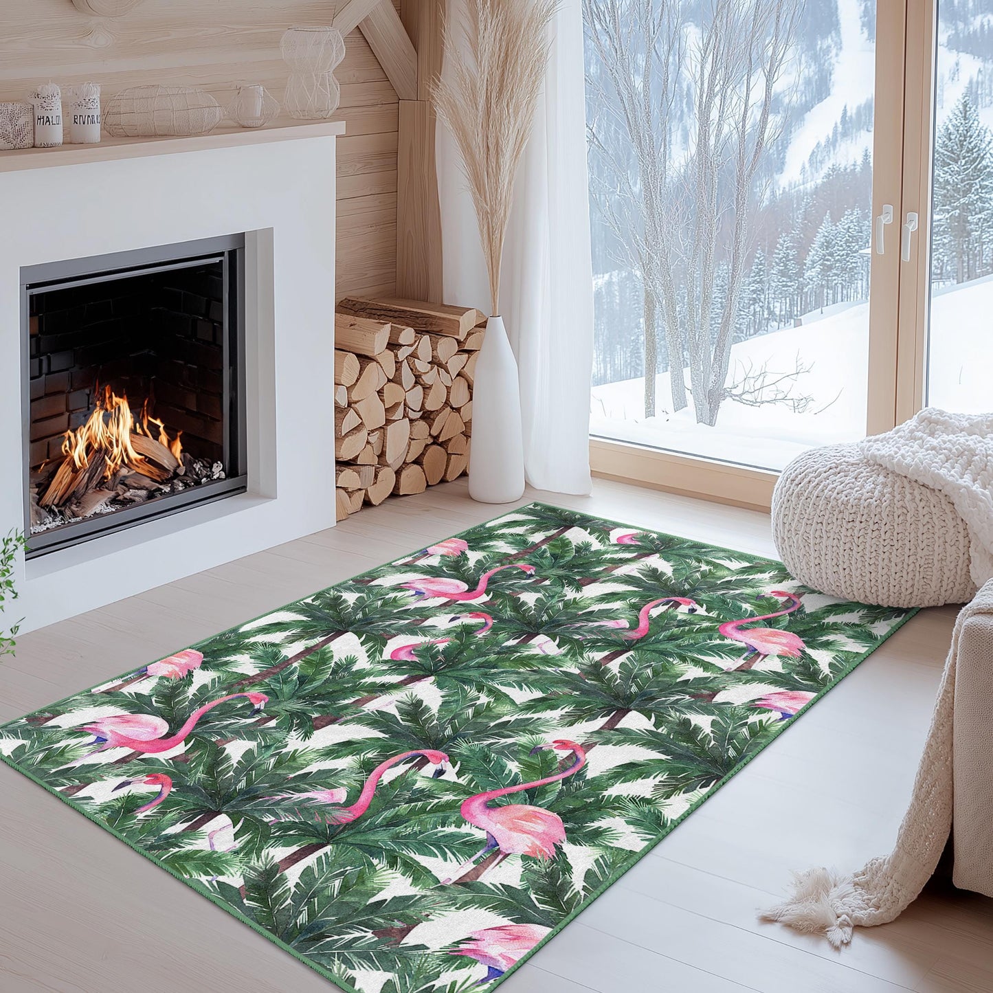 Rechteckiger Teppich mit tropischem Flamingo-Motiv, Teppich mit Palmenblattmuster, Indoor-Teppich, Wohnzimmerdeko, Wohnaccessoire im Boho-Stil